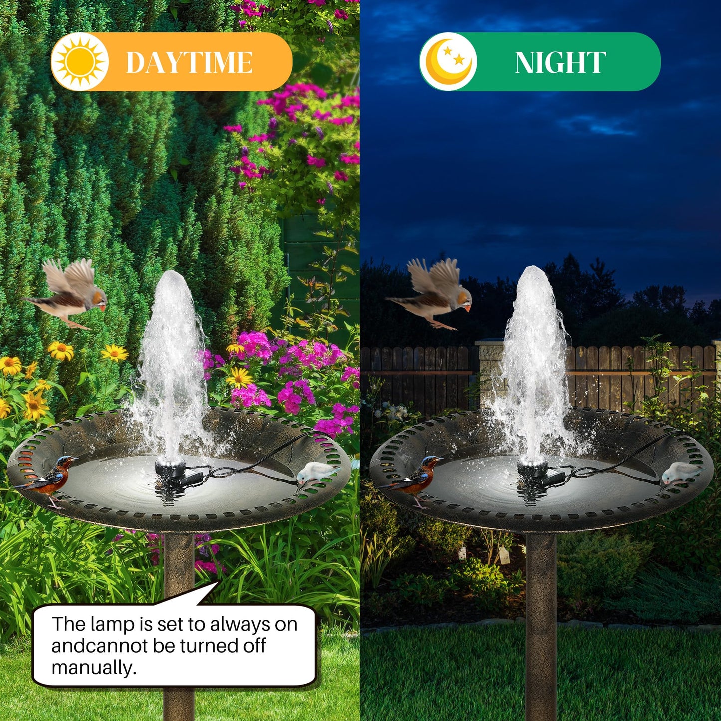 Dunkive Bird Bath Fountains with 12 LED Lights, 24 Hour Working Fountain Pump with Light, Adjustable Watering Submersible Pump for Outdoor Water Garden, Pond(Cool White)