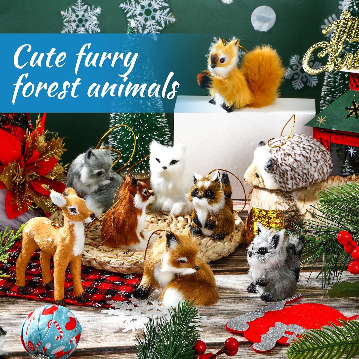 Skylety 15 Pieces Animal Ornaments, Woodland Faux Fur Animal Hanging Ornament Bulk Plush Simulation Fall Christmas Tree Decoration for Home Backpack Party Holiday