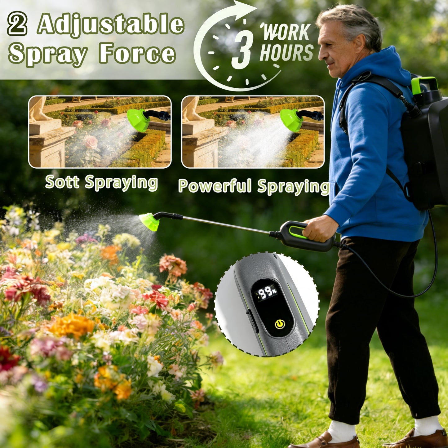 3.2 Gallon Battery Powered Sprayer, Covers 6,000+ Sq Ft per Tank – Electric Sprayer with 5 Interchangeable Nozzles, Handle with 2-Speed Control & Digital Display, for Lawn, Garden & Outdoor Cleaning