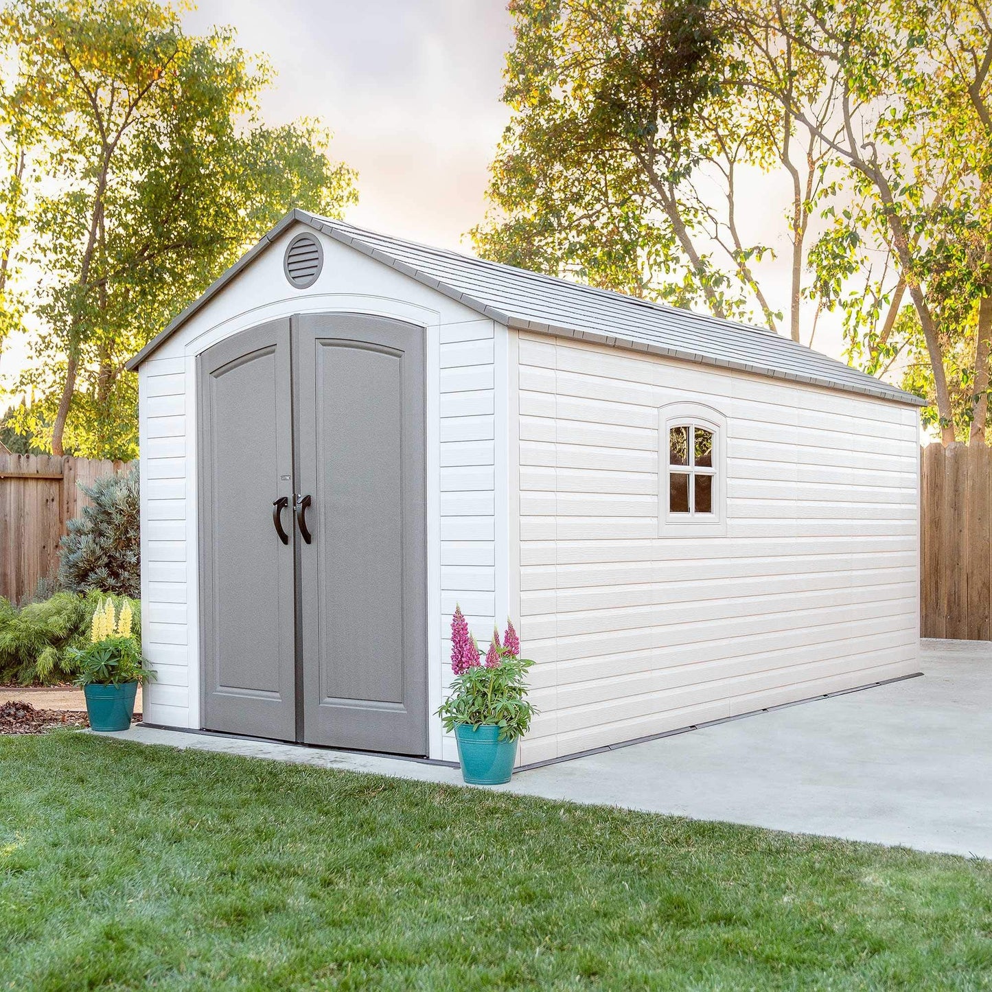 Lifetime 60075 Outdoor Storage Shed, 8x15 Ft, Desert Sand, Resin Backyard Tool Shed with Lockable Doors and Weather-Resistant Panels
