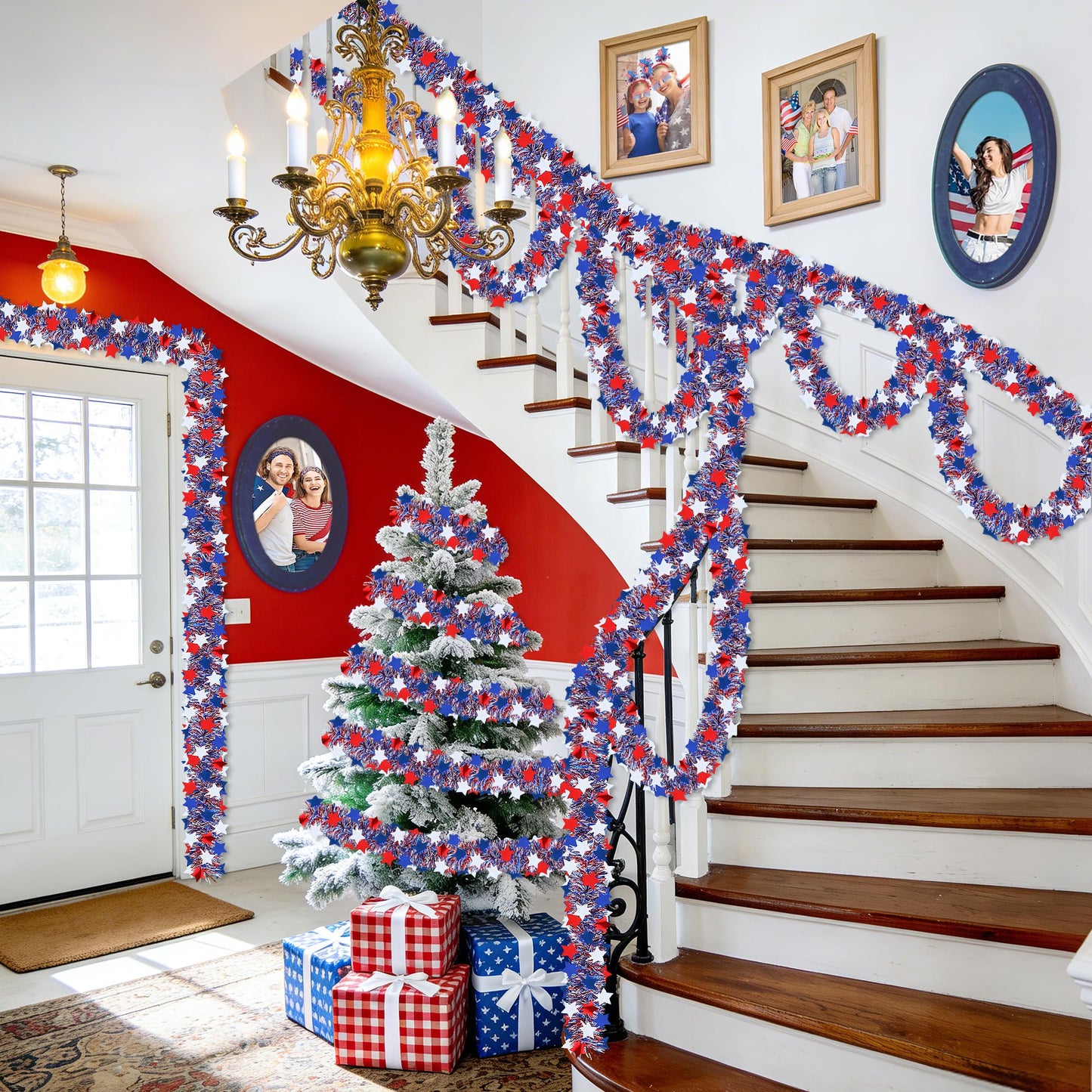 50FT Patriotic Tinsel Garland 4th of July Decorations, Fourth of July Red White and Blue Metallic Garland with Stars for July 4th Independence Day Memorial Day Home Indoor Outdoor Decor
