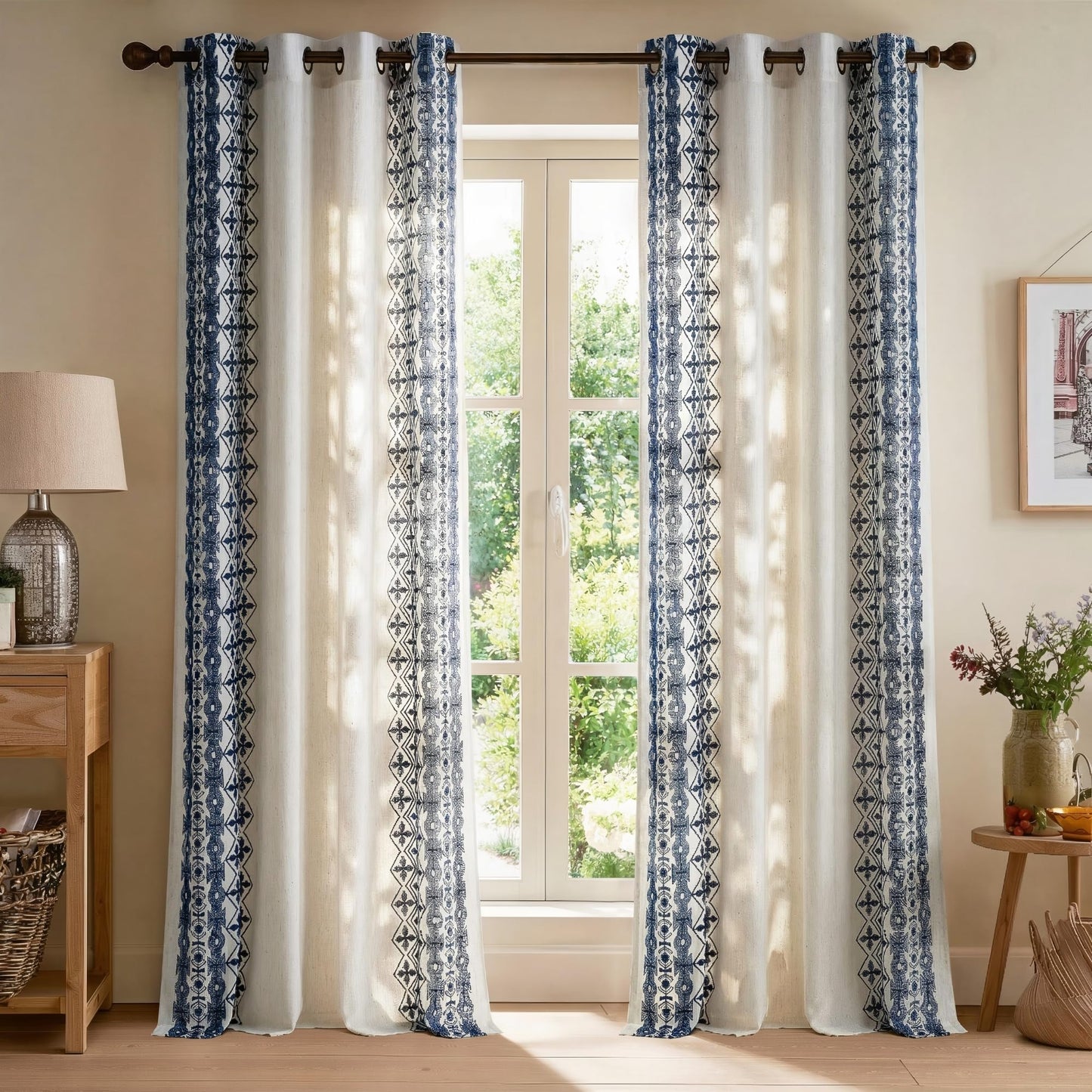 NICETOWN Boho Curtains with Navy Blue Trim 84" Long 2 Panels, Embroidered Cream Linen Textured Geometric Drapes with Antique Bronze Grommets, Light Filtering Window Treatment for Living Room & Nursery