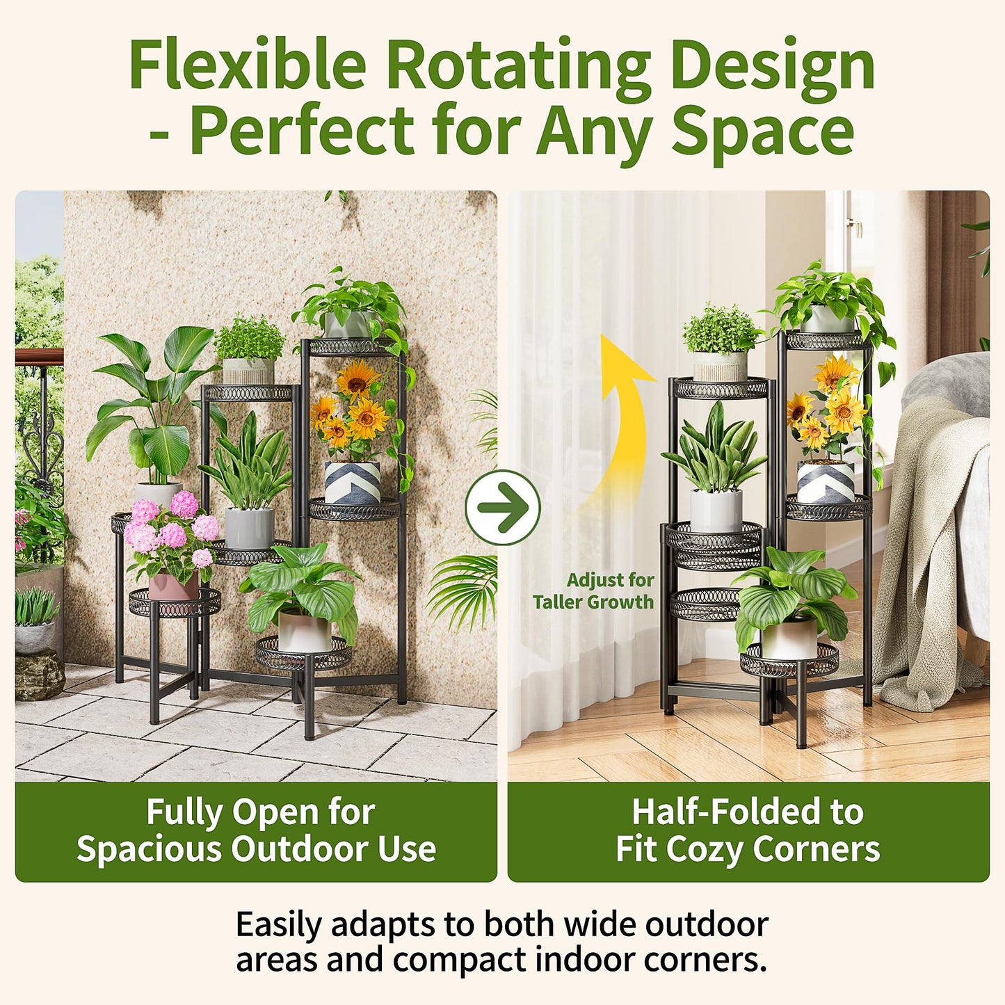 NQW Plant Stand Indoor Outdoor, 7 Tier Large Plant Stand with 7.9-Inch Wide Drainage Tray, Tiered Corner Metal Iron Flower Display Holder Shelf, Folding Tall Rack for Patio Balcony Porch - BlackFlower