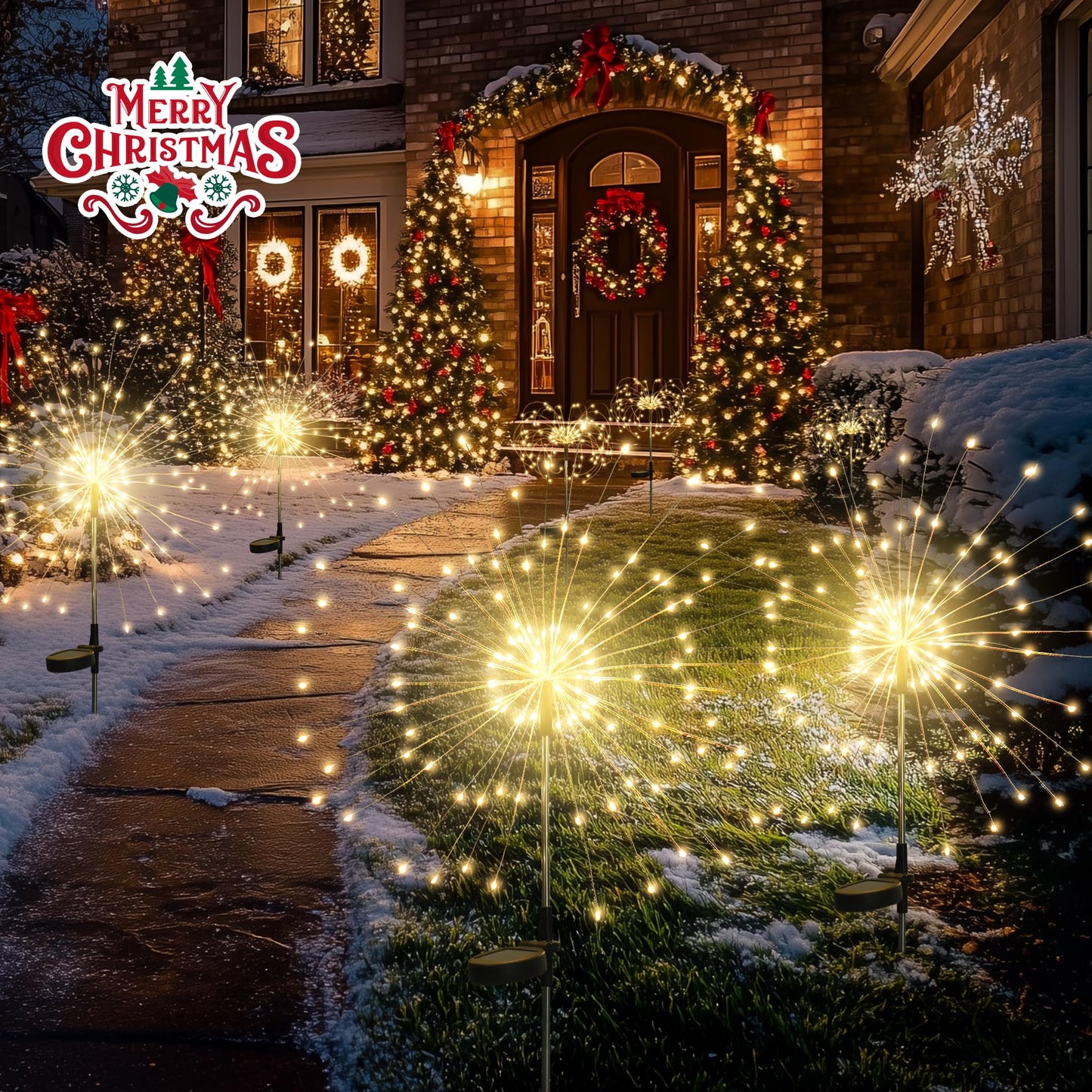 GIGALUMI Garden Decor Outdoor Lights 120LED 4Pack, Solar Garden Lights Outside Fairy Firework Decorative,Solar Powered for Yard Pathway Flowerbed Planter Balcony Patio 4th of July Decor (Warm White