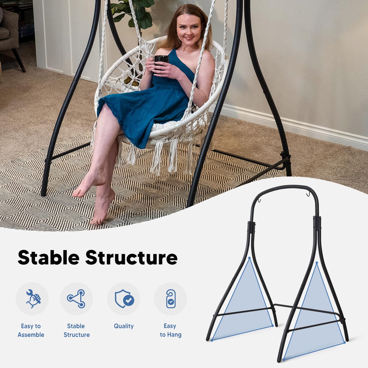 SUNCREAT Indoor Hammock Swing Chair with Stand, Hanging Chair Outdoor with Stand, 400 lbs Capacity, Beige