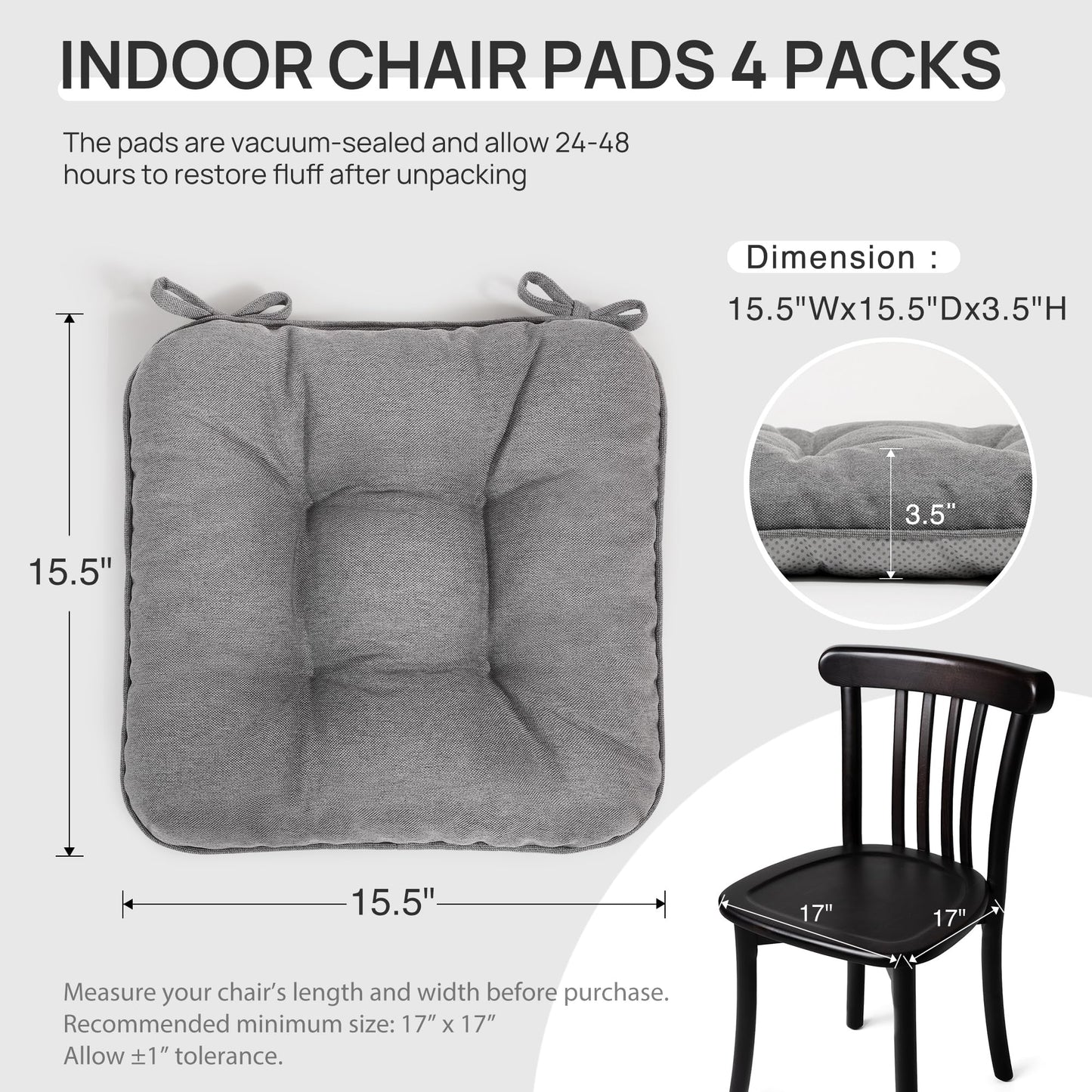 Love's cabin Memory Foam Chair Cushions Set of 4, 15.5"x15.5"x3.5" Indoor & Outdoor Seat Pads for Dining, Kitchen, Office, Patio Chairs - Grey