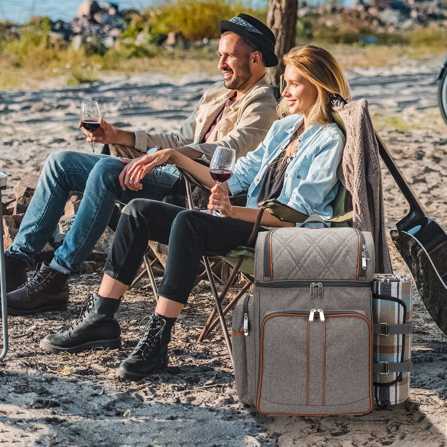 Picnic Backpack for 4, Picnic Basket Set, Leakproof Picnic Bag, Beach Cooler Backpack with Insulated Cooler Wine Pouch,Picnic Blanket, Double Deck Picnic Backpack for Beach,Camping,Park(BrushedKhaki)