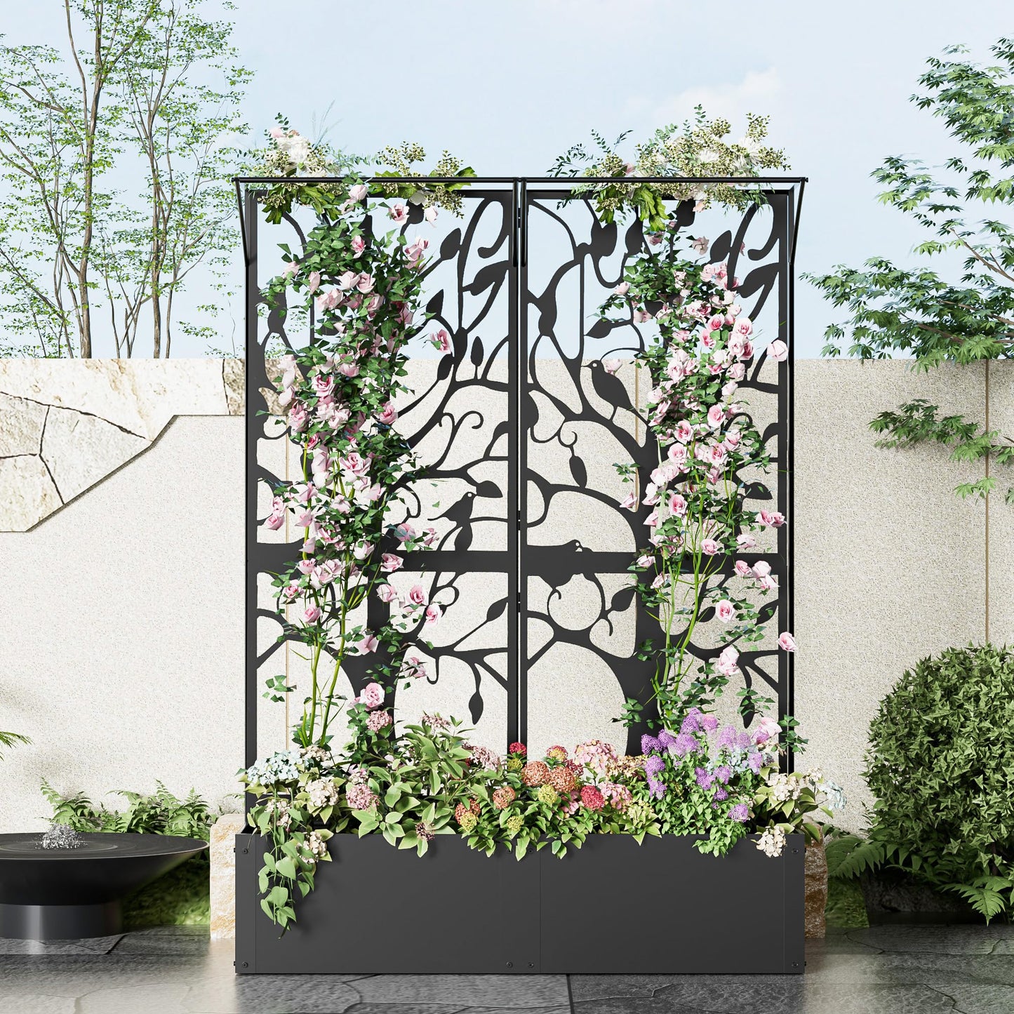 Furtivusia Metal Planter Box with Trellis, Tall Raised Garden Bed for Patio, Outdoor Privacy Planters for Climbing Plants, Vegetables, Fruits, Balcony, Outside, 62.4 x 12.2 x 44.6 Inch, Black