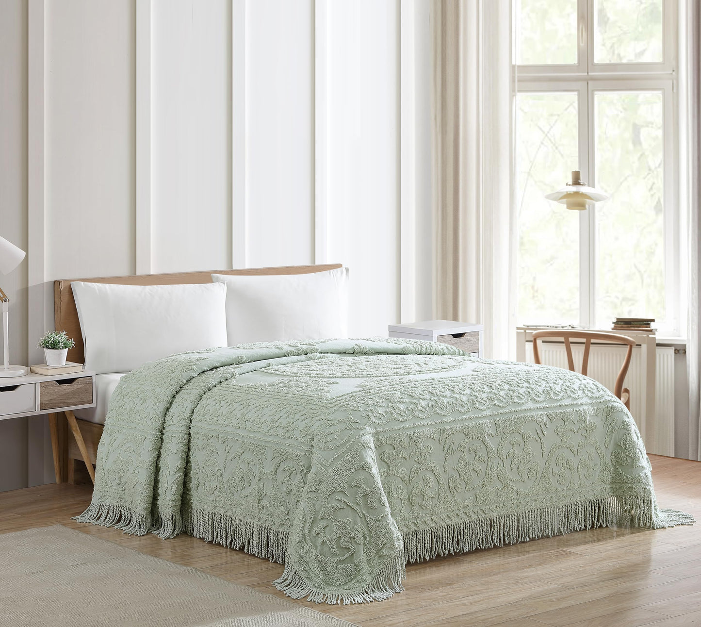 Beatrice Home Fashions Medallion Chenille Bedspread, Queen, Sage