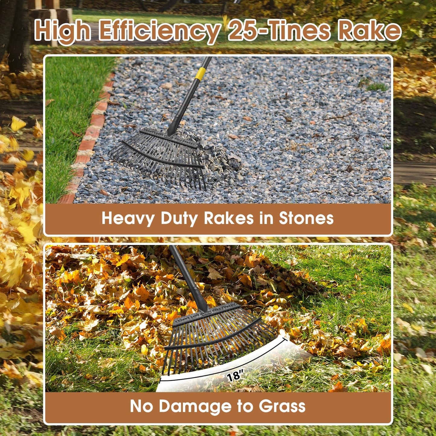 Leaf Rake 18” Wide Heavy Duty Metal 25 Tines Garden Rake Set with 30-75” Adjustable Long Handle for Yard Grass Shrub Mulch Including 32Gallon Garden Bag Leaf Scoops