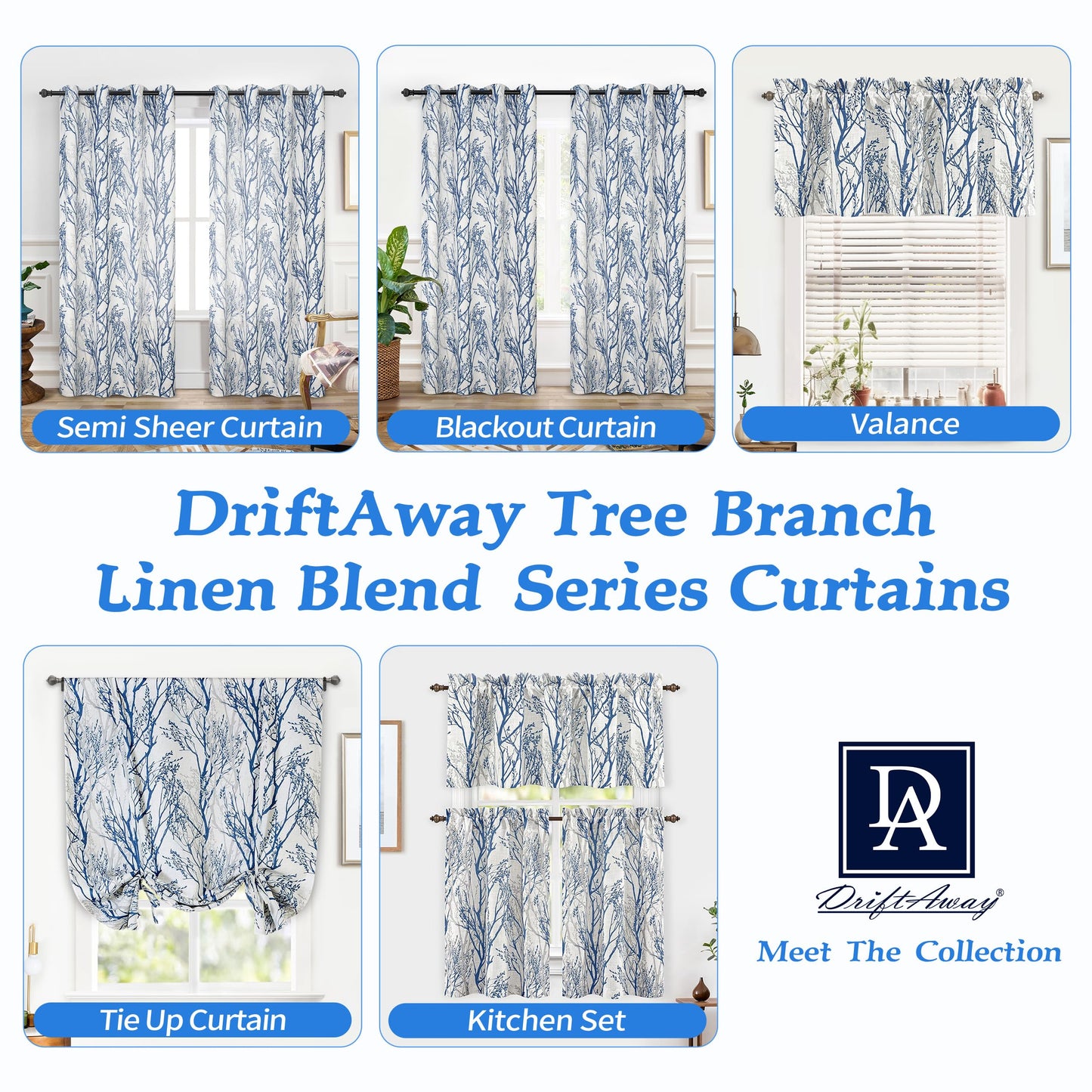 DriftAway Tree Branch Linen Lined Valance Double Layer Thermal Insulated Room Darkening Blackout Valances 3 Inch Rod Pocket Short Window Valance for Living Room Bathroom 52 Inch by 14 Inch Blue