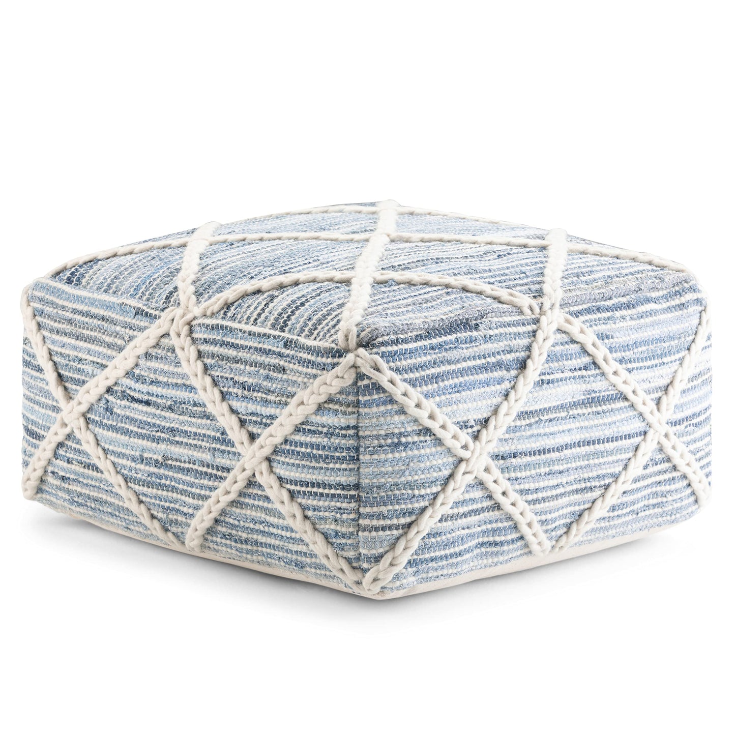 SIMPLIHOME Cowan Square Pouf - 20 inch Wide Handloom Woven Wool and Cotton Ottoman in Blue and Natural, Contemporary Footstool or Extra Seating for Living Room, Bedroom, or Kids Room, Assembled