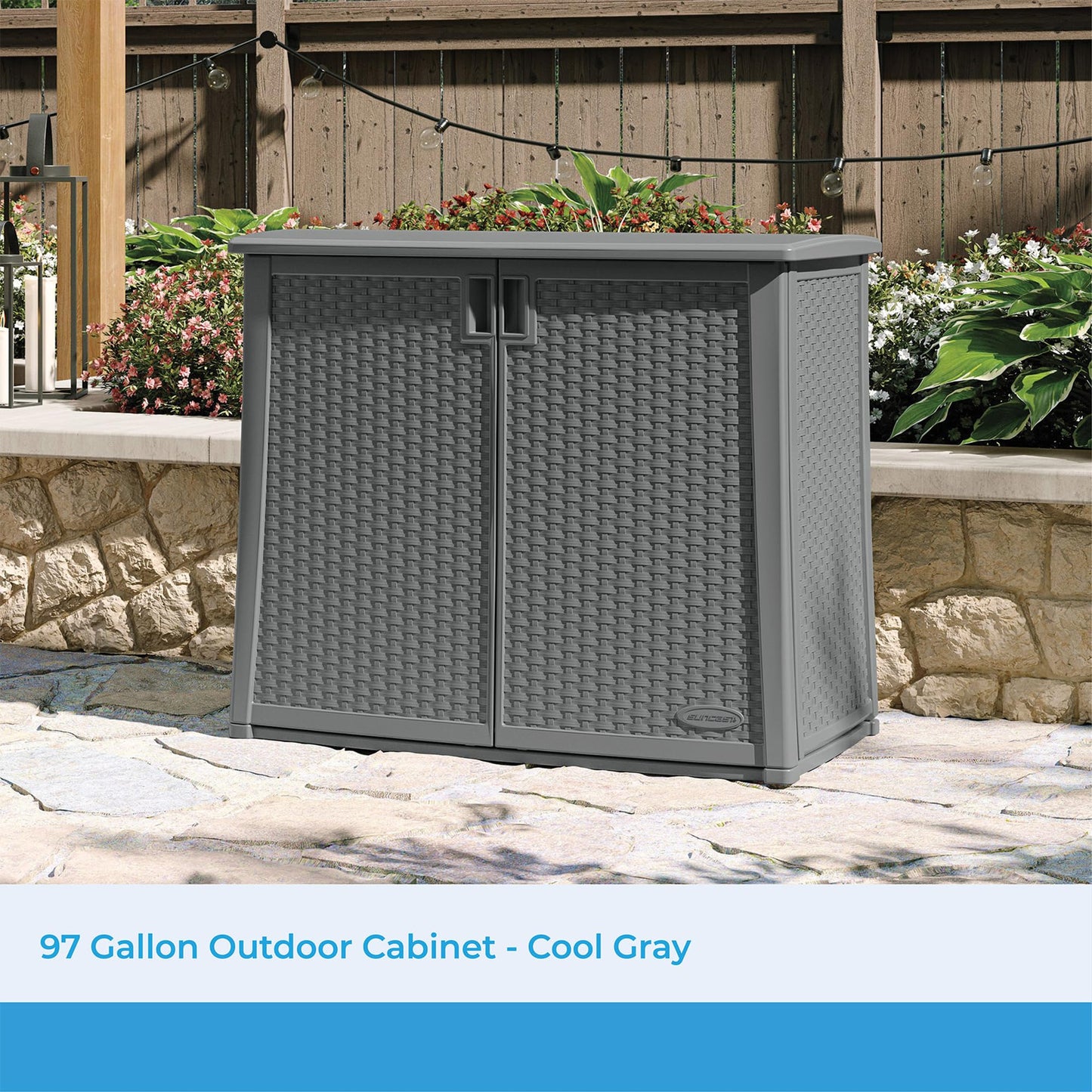 Suncast Resin Outdoor Storage Cabinet, Cool Gray Wicker Resin Outdoor Cabinet, Weatherproof, Lockable Outside Storage for Patio, Deck, Balcony, Porch, Backyard, or Garden, Made in the USA