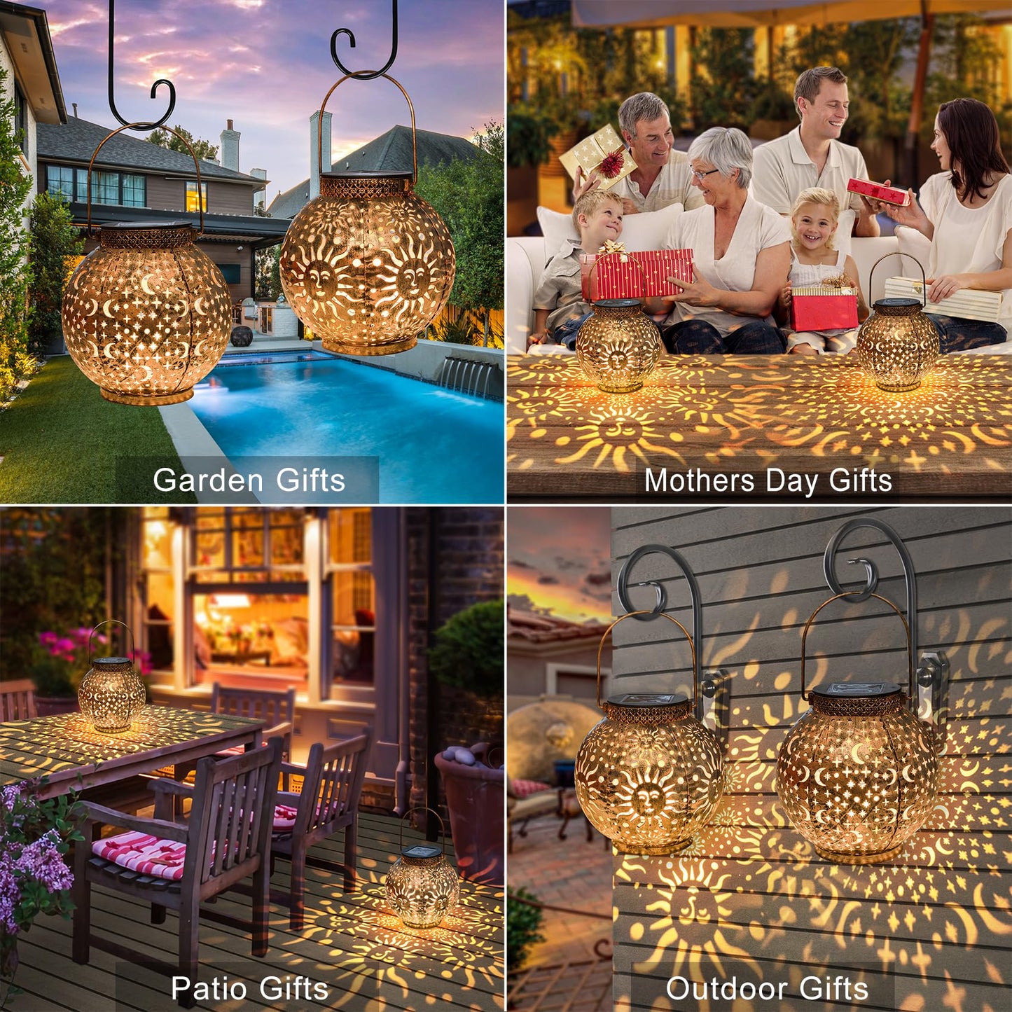 Go2garden Gifts 2Pack Solar Lanterns Outdoor Waterproof Mothers Day Gifts for Mom Moon Star Sun Solar Lights for Balcony, Yard,Birthday Gifts for Women Grandma Wife (Bronze)