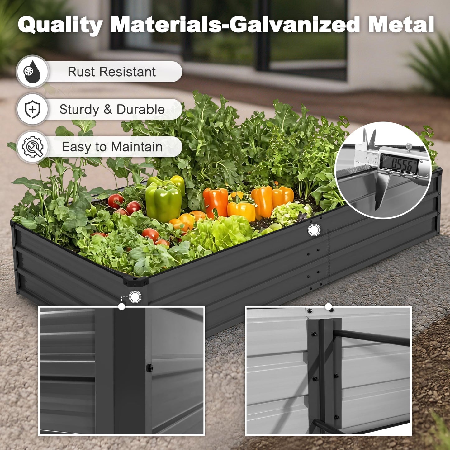 NUU GARDEN Rectangular Galvanized Raised Garden Bed for Gardening Elevated Planting Metal Planter Box Outdoor Patio Planting Bed for Vegetables Flowers Herb, Dark Gray