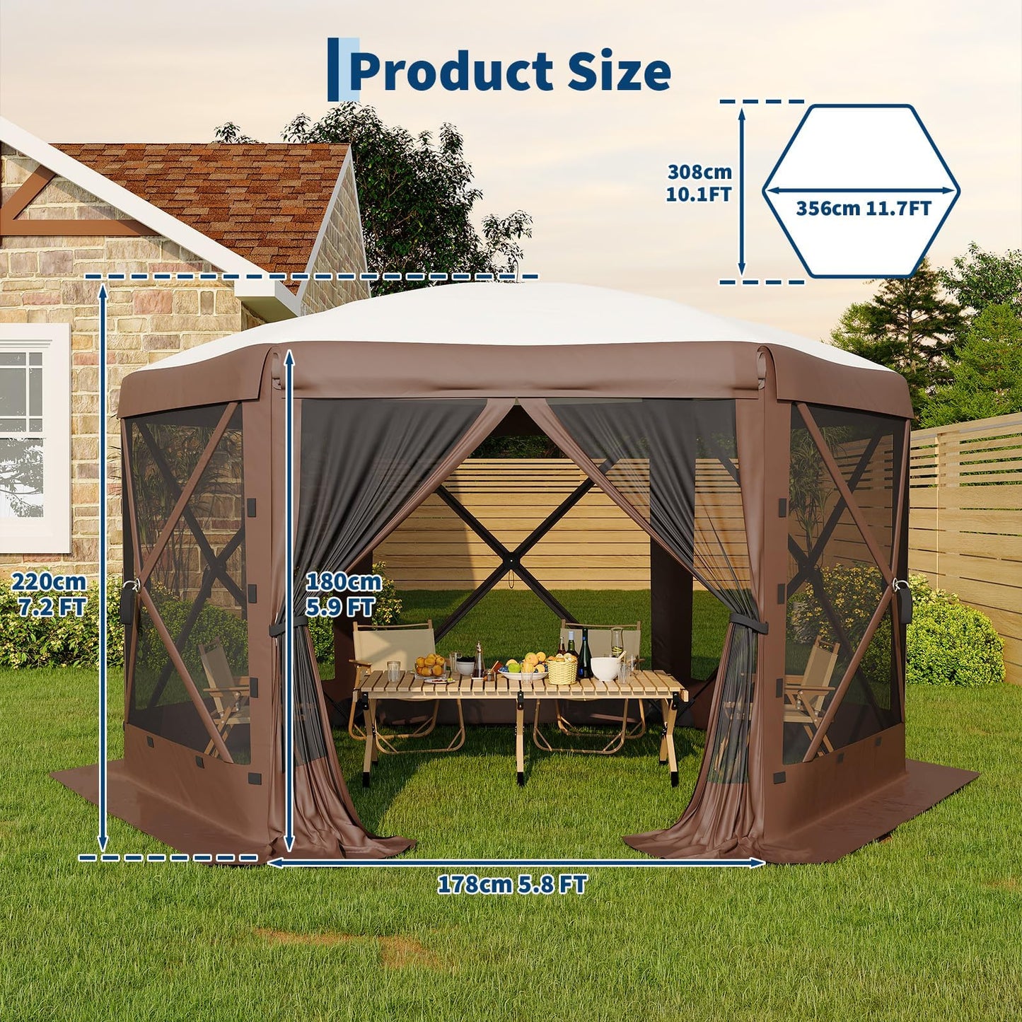 GarveeLife 11.5x11.5FT 6-Sided Pop Up Gazebo Tent，One-Push Setup Canopy Tent with Mesh Panels & Removable Wind Cloths, Outdoor shelter for Camping, Backyard Parties, Outdoor Events - Beige & Khaki