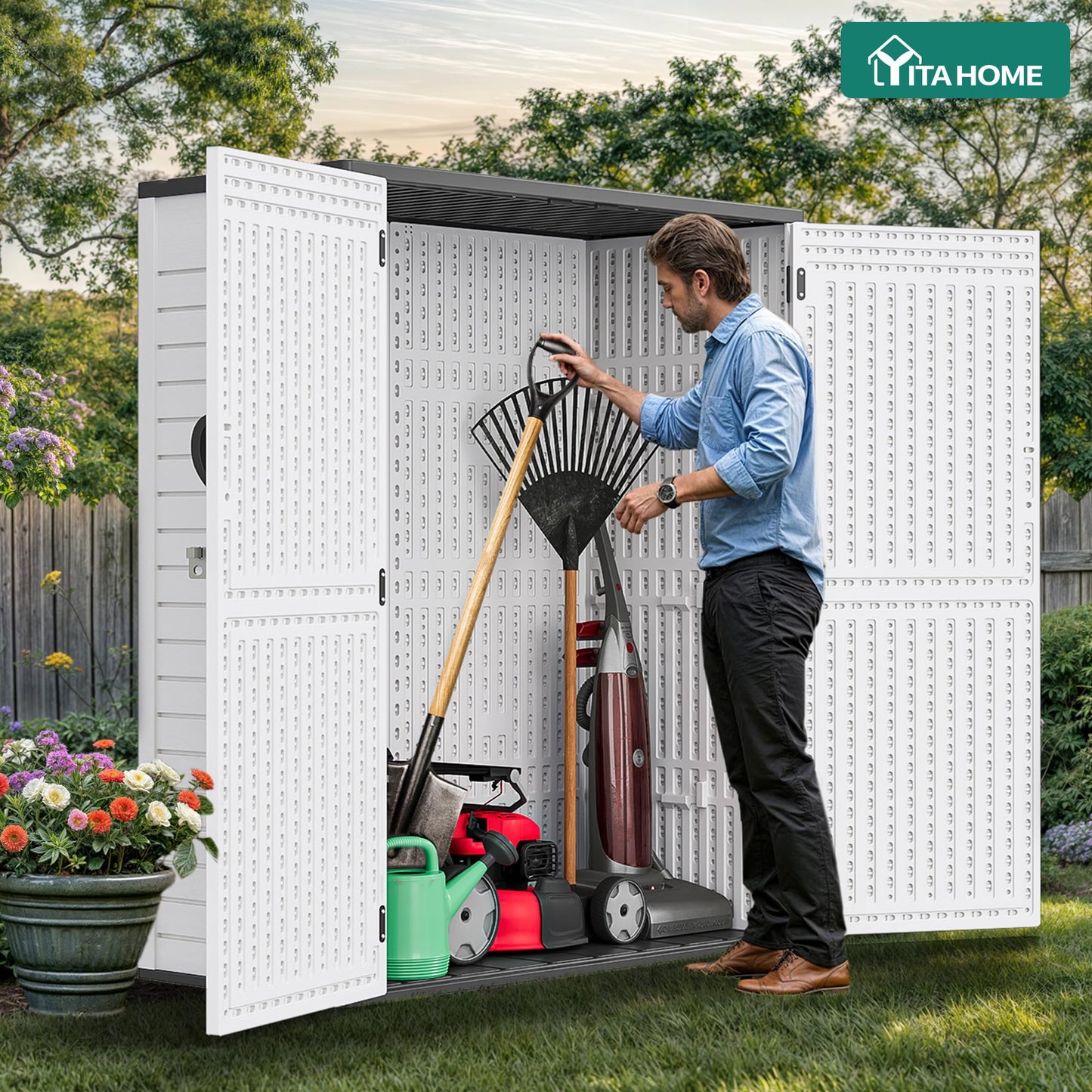 YITAHOME 59 Cuft Outdoor Tall Storage Shed, Waterproof Vertical Resin Shed for Garden, Garage, Patio, Lockable Tool Storage, No Shelves Included, Light Gray
