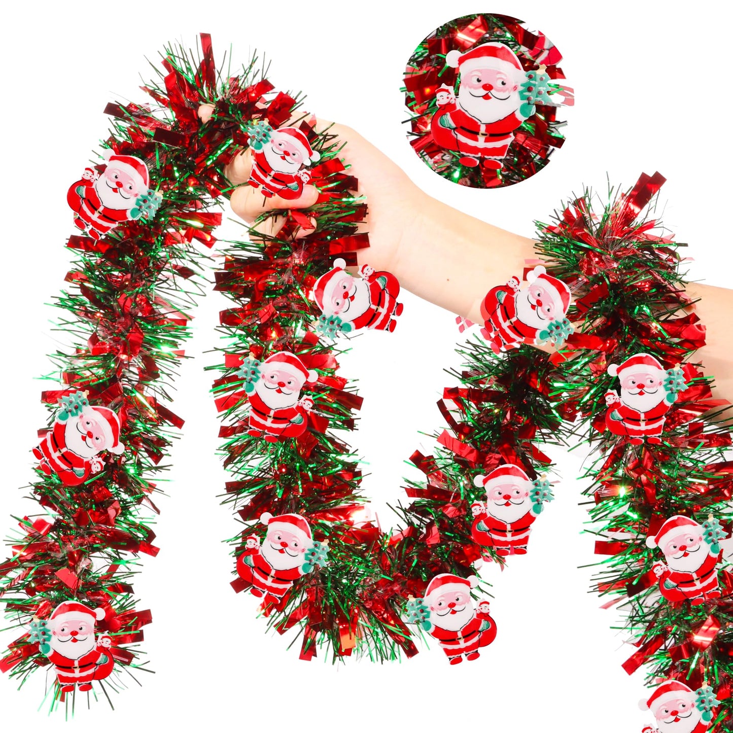 50FT Red Green Christmas Tinsel Garland with Santa Claus Ornaments, Metallic Twist Shiny Xmas Garland for Tree Decorations Fireplace Mantel Home Office Stair Party Outdoor Indoor Holiday Decor
