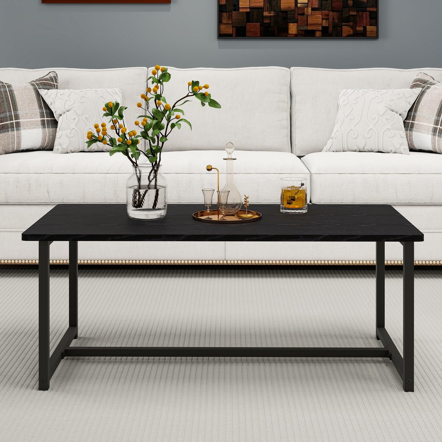 VERFARM 35.4" Rectangular Coffee Table for Living Room, Modern Industrial Style Coffee Table Center Table with Metal Frame for Small Space, Apartment, Office, Easy Assembly, Black