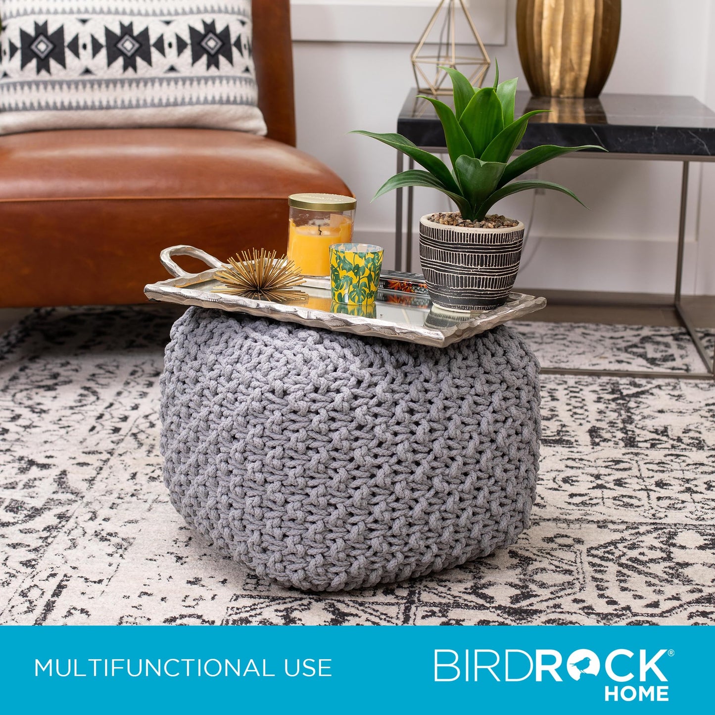 BIRDROCK HOME Square Pouf Ottoman | Cotton Braided Foot Stool with Bean Bag Filling | Boho Foot Rest for Living Room, Bedroom | Compact & Comfortable Seating, Lightweight & Sturdy | Grey