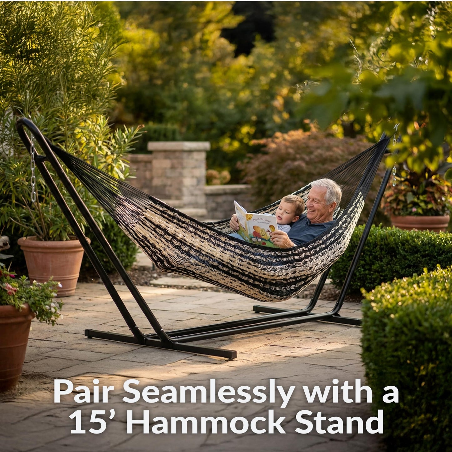 Sunnydaze Handwoven XXL Thick Cord Mayan Double Hammock for Outside - 625-Pound Capacity Heavy-Duty Outdoor Hammock - Black/Natural