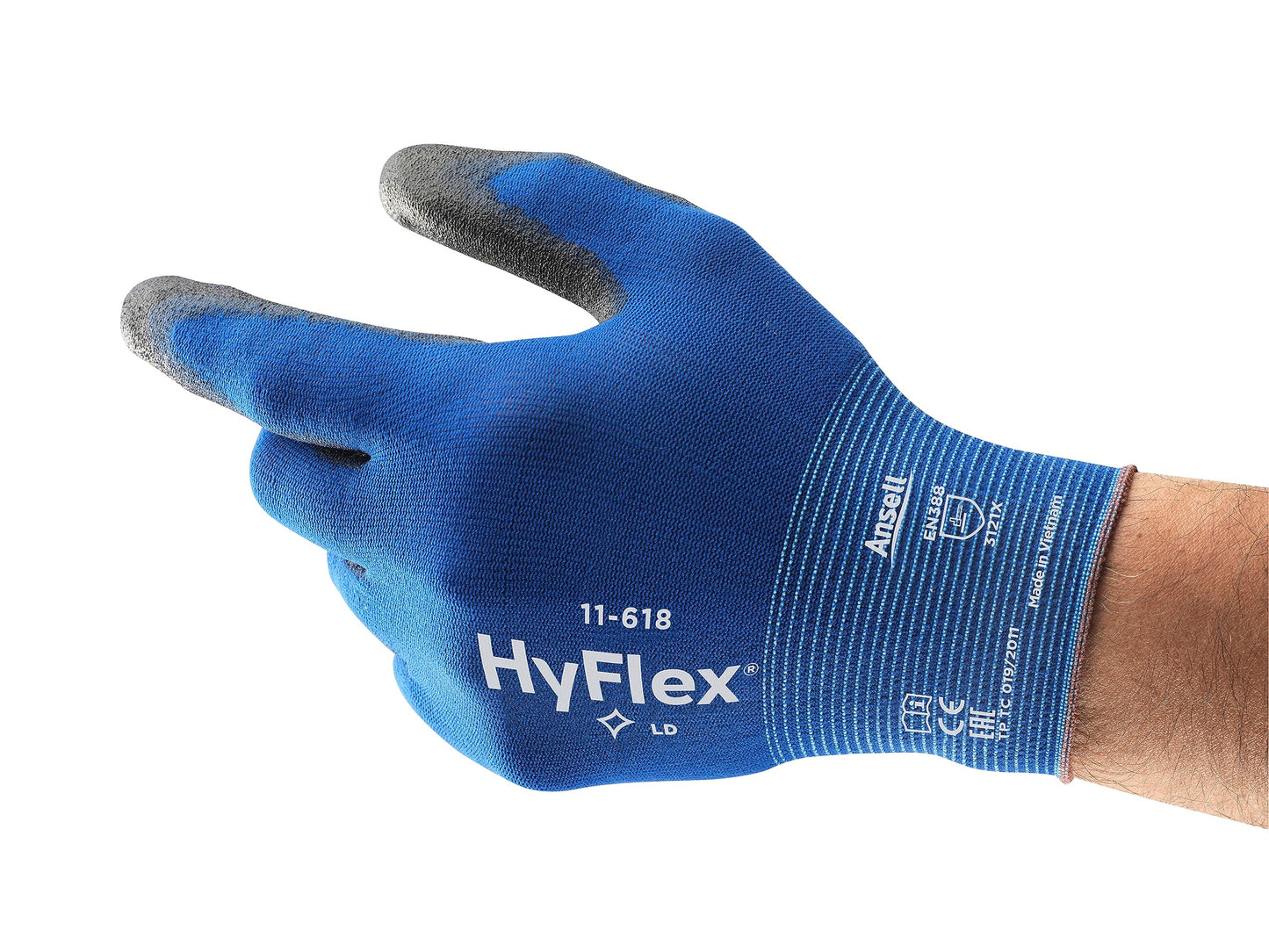 Ansell HyFlex 11-618 Ultra-Thin Industrial Safety Work Gloves for Auto, Machinery, Equipment, Fabrication - Size 10, Blue/Black (12 Pairs)
