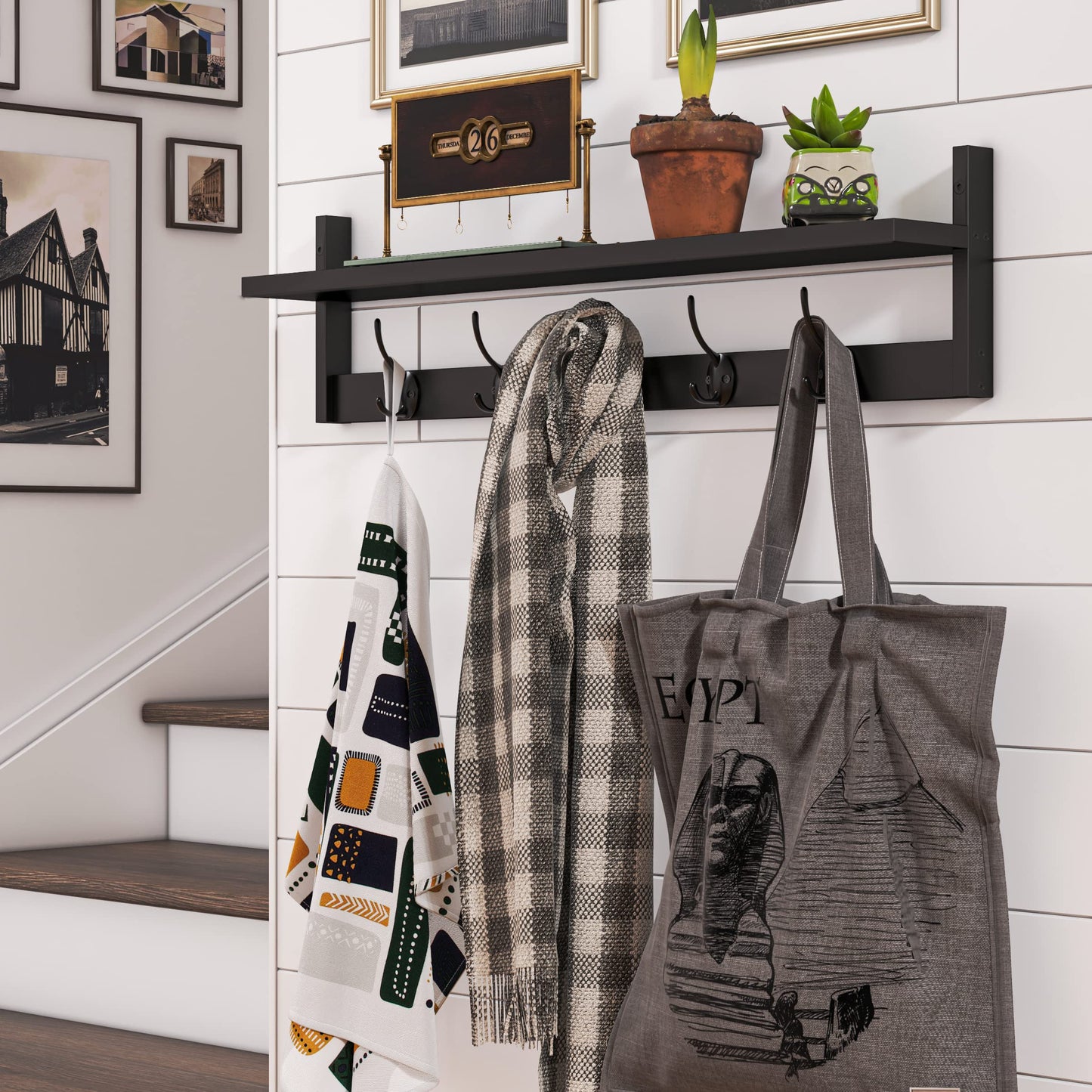 BAMEOS Wall-Mounted Shelf with Hooks - 28.9 Inch Entryway Hanging Shelf with 5 Dual Hooks for Bathroom, Living Room, Bedroom (Black)