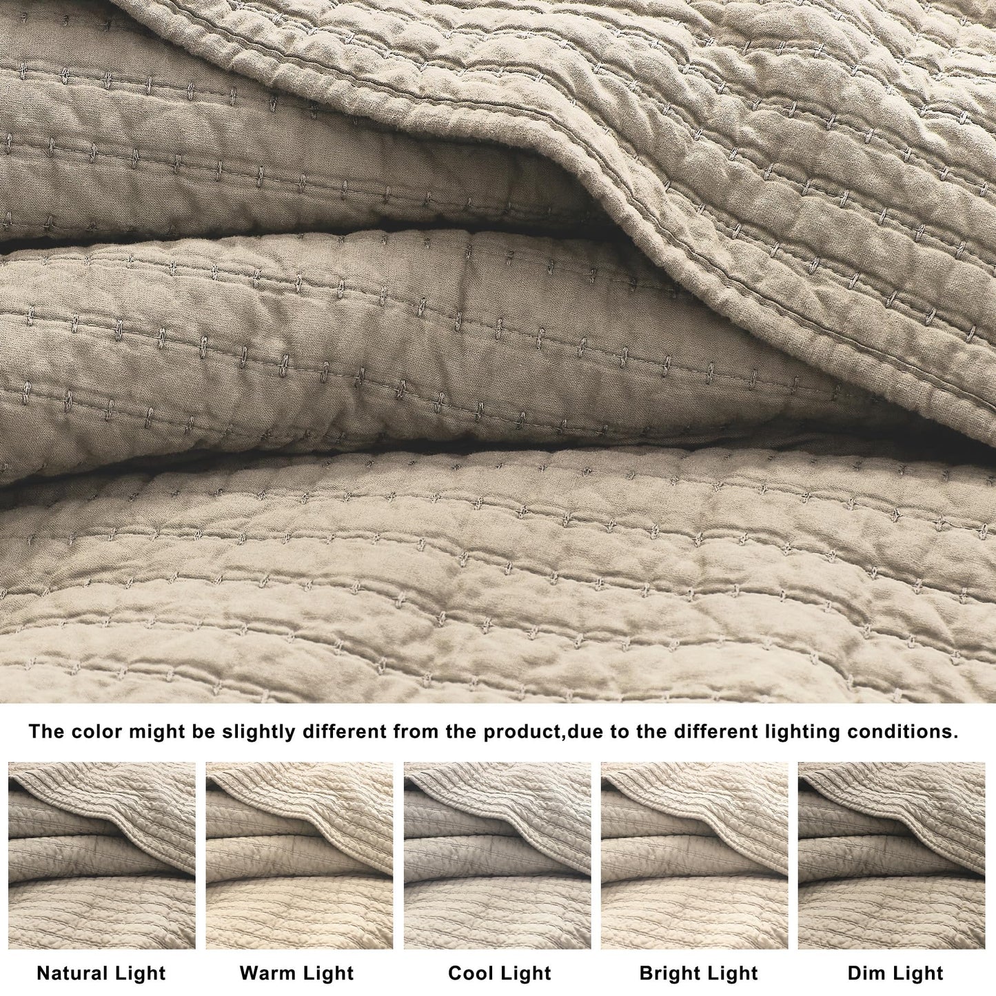 WDCOZY 100% Cotton Queen Size Quilt Set - Beige Neutral Striped Pick Stitch Soft Lightweight Bedspread, Textured Like Linen, Farmhouse Country Rustic Coverlet, Shabby Chic Gauze Bedding, 3 Pieces
