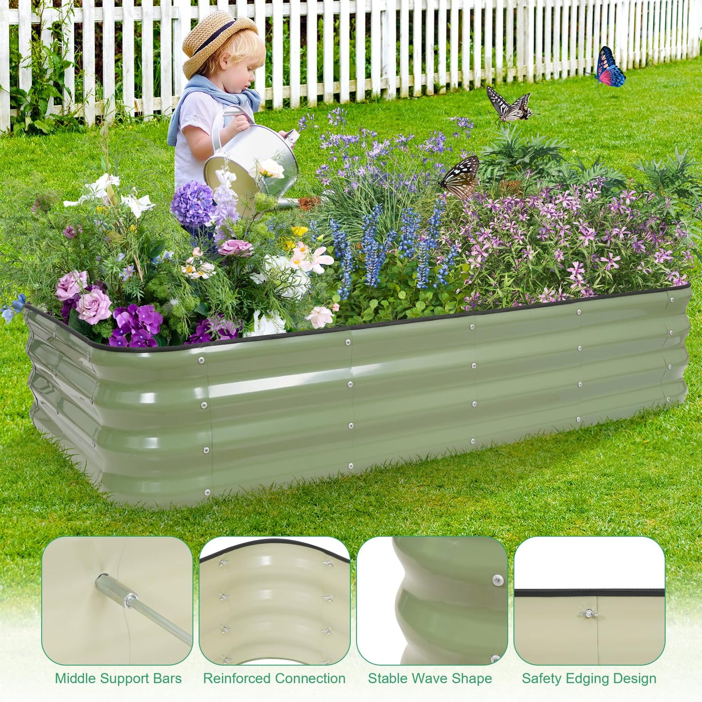 1MORE Raised Garden Bed -5X3X1 Galvanized Planter Box for Outdoor Gardening,4 in 1 Modular Raised Bed Kit with Protective Tape, Gloves for Herb，Ideal for Vegetables and Plants.Green-2Pack