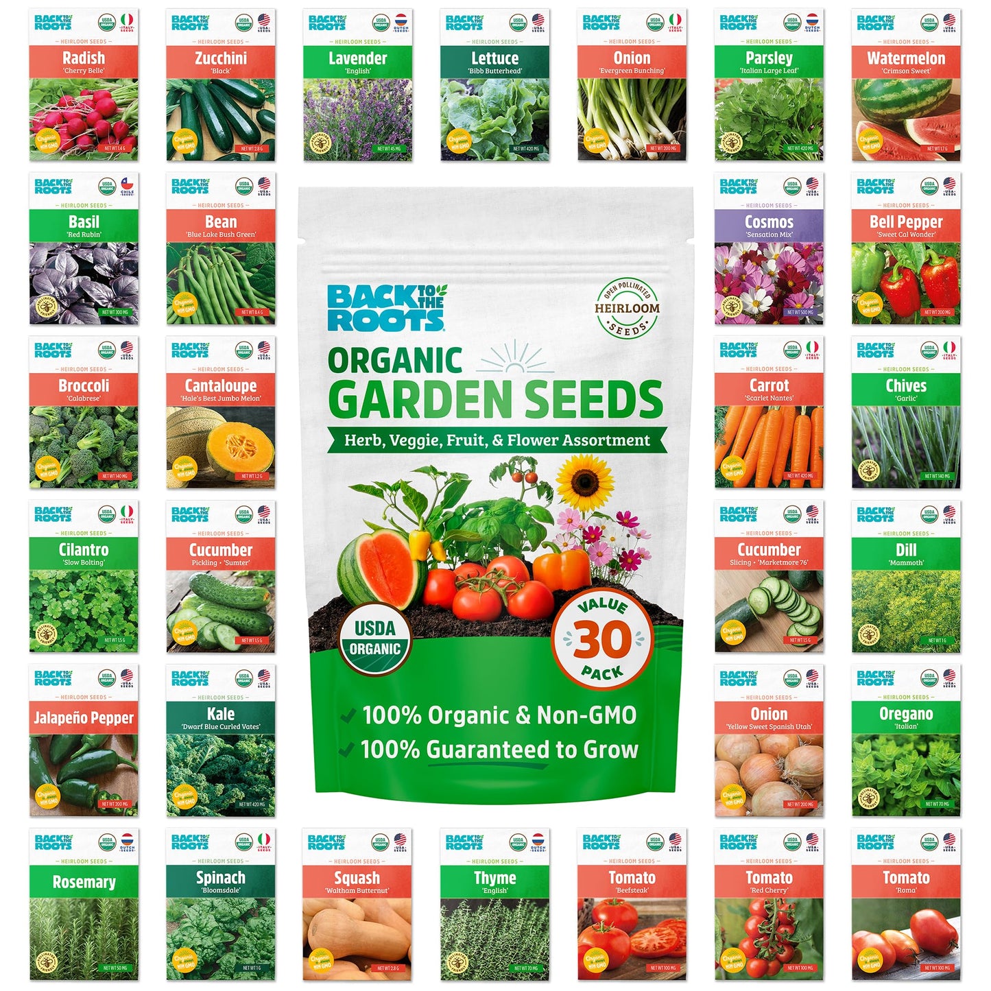 Back to the Roots Heirloom Organic, Non-GMO & USA Grown Seeds, 30ct Herb, Fruit, Flowers, and Veggies, Assortment May Vary, Guaranteed to Grow