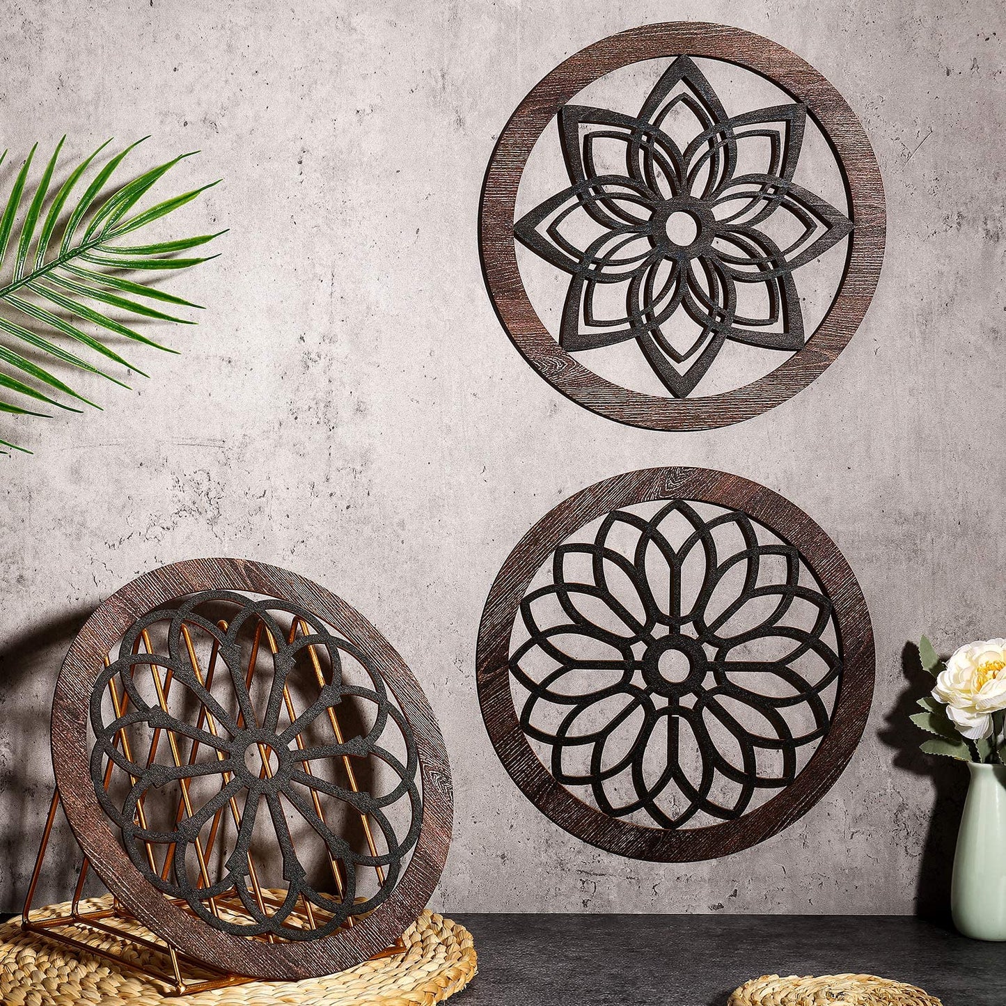 Blulu 3 Pcs Thickened Rustic Wood Wall Decor Rustic Wood Round Wall Art Farmhouse Hanging Decoration for Indoor Outdoor Living Room Bedroom Home Office Kitchen Decoration, 10 Inch(Round,Brown)