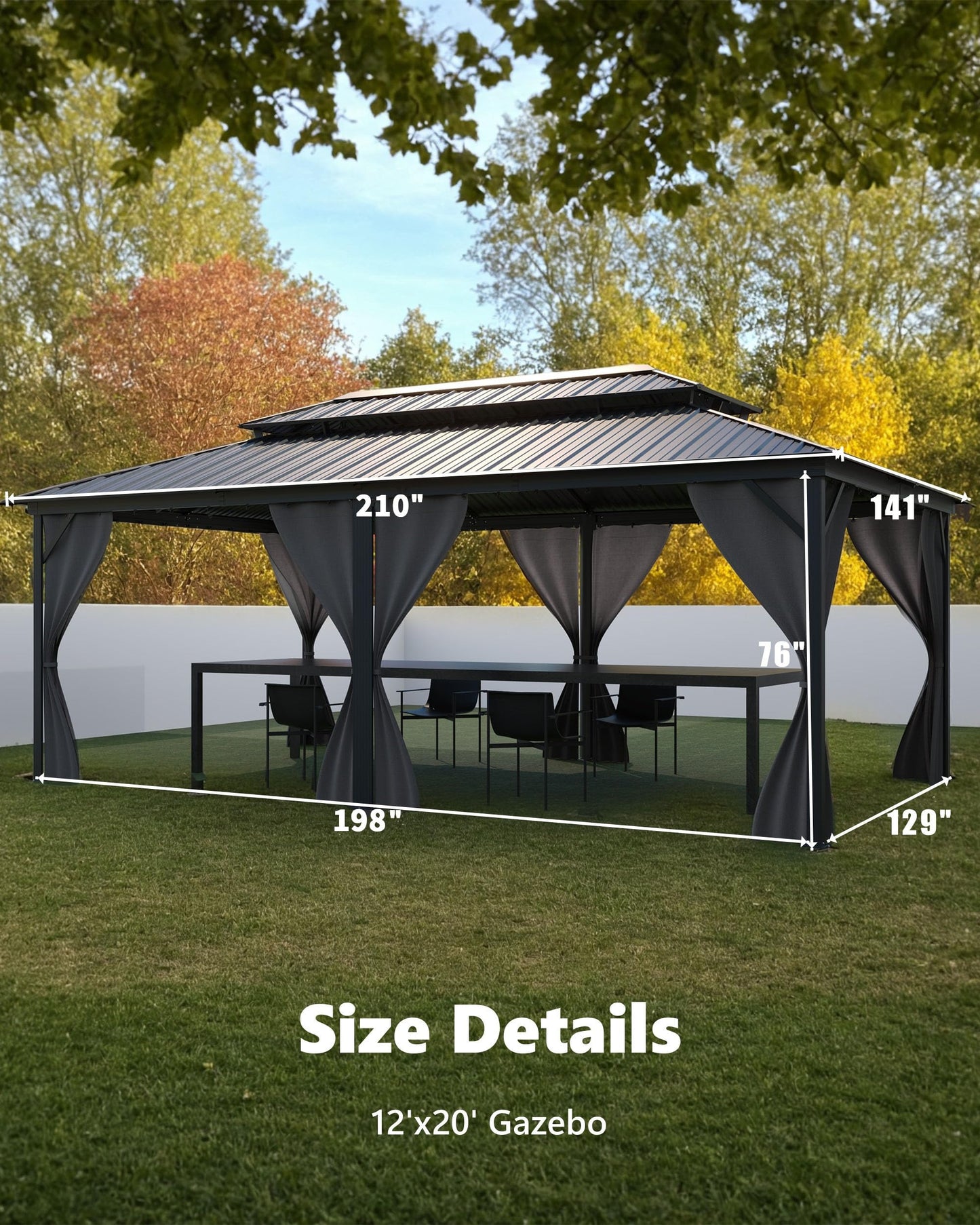 GarveeLife Hardtop Gazebo 12 ft x18 ft for All Weather, with Double Metal Roof, Net, and Curtain, Permanent Building for Patio, Deck, Backyard, Lawn, and Garden