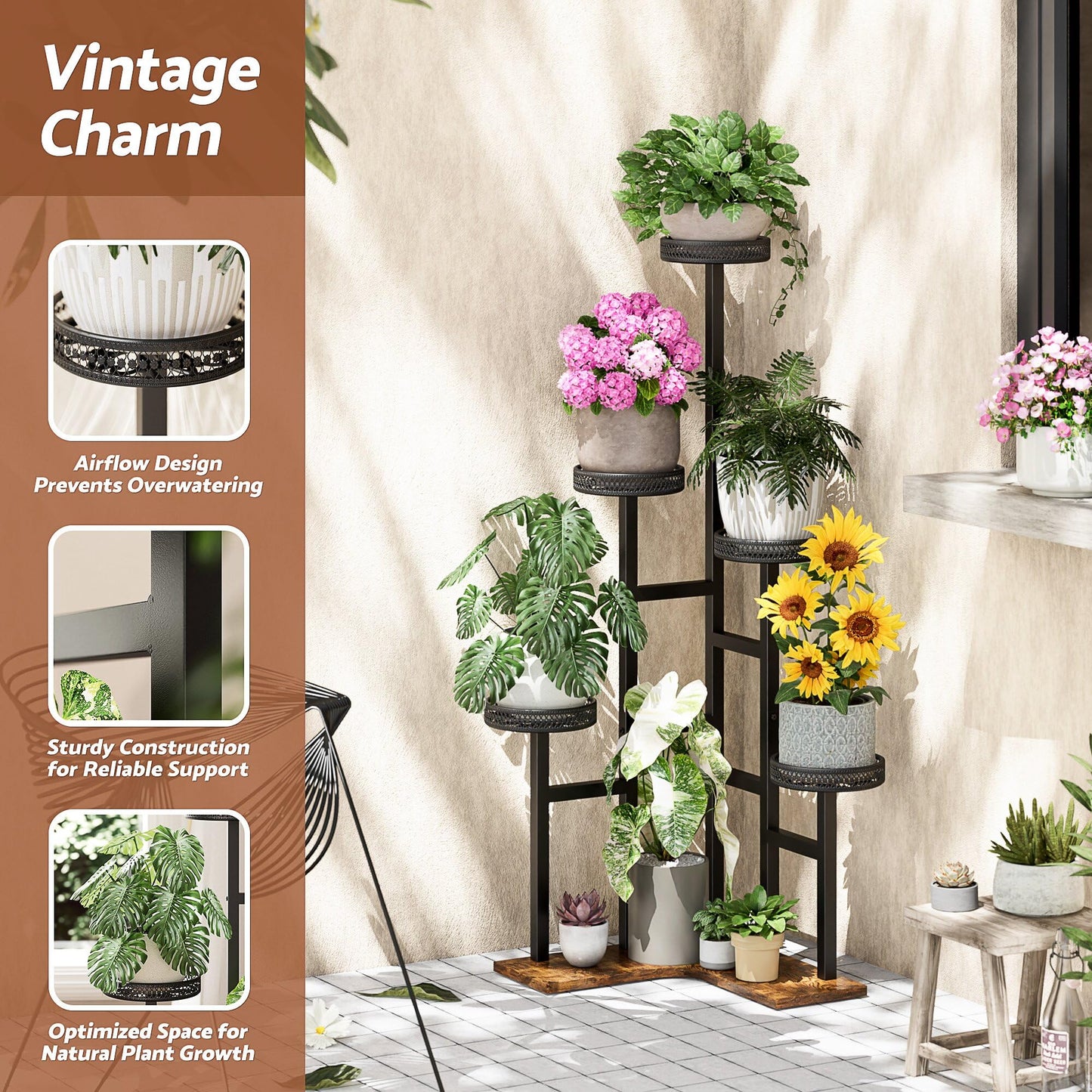 NQW Plant Stand 6 Tier Indoor Outdoor Metal Wood Flower Shelf Corner Flower Holders for Living Room Balcony Garden Patio