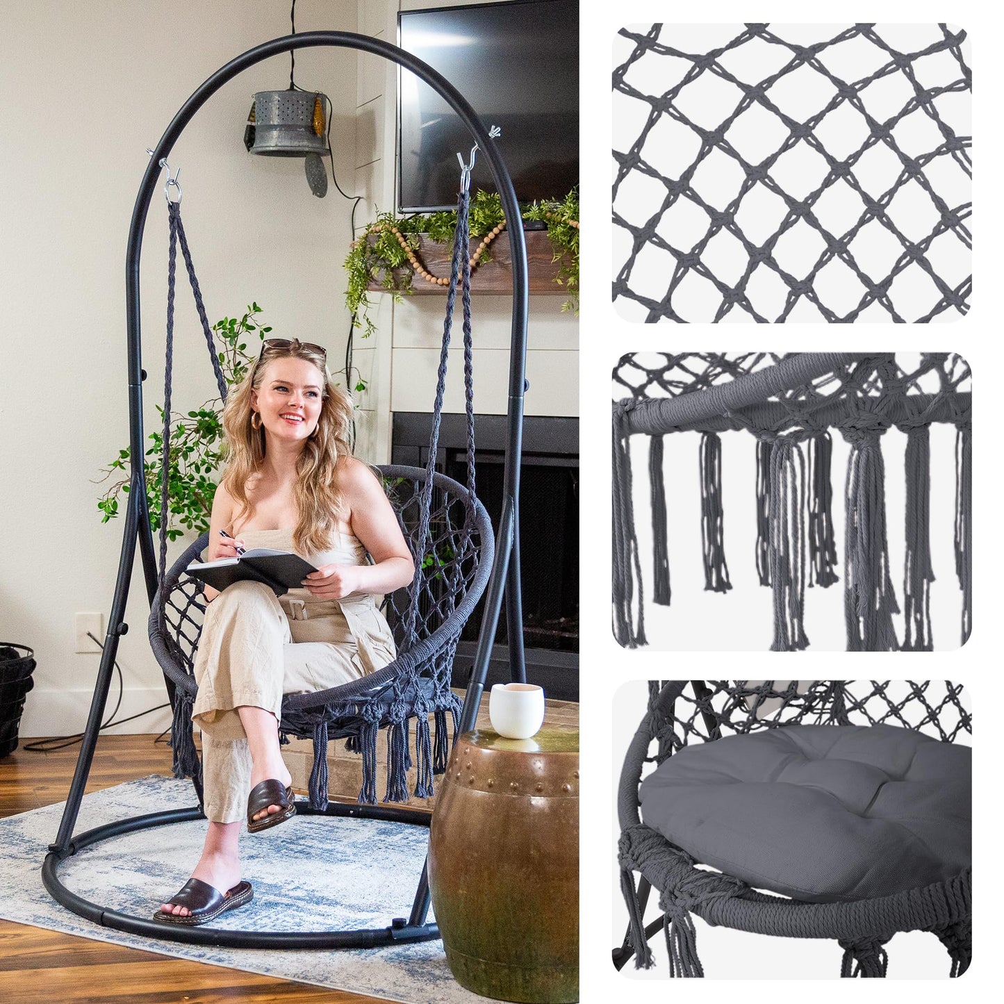 SUNCREAT Indoor Hammock Swing Chair with Stand, Hanging Chair Outdoor with Stand, 330 lbs Capacity, Patent Pending, Grey