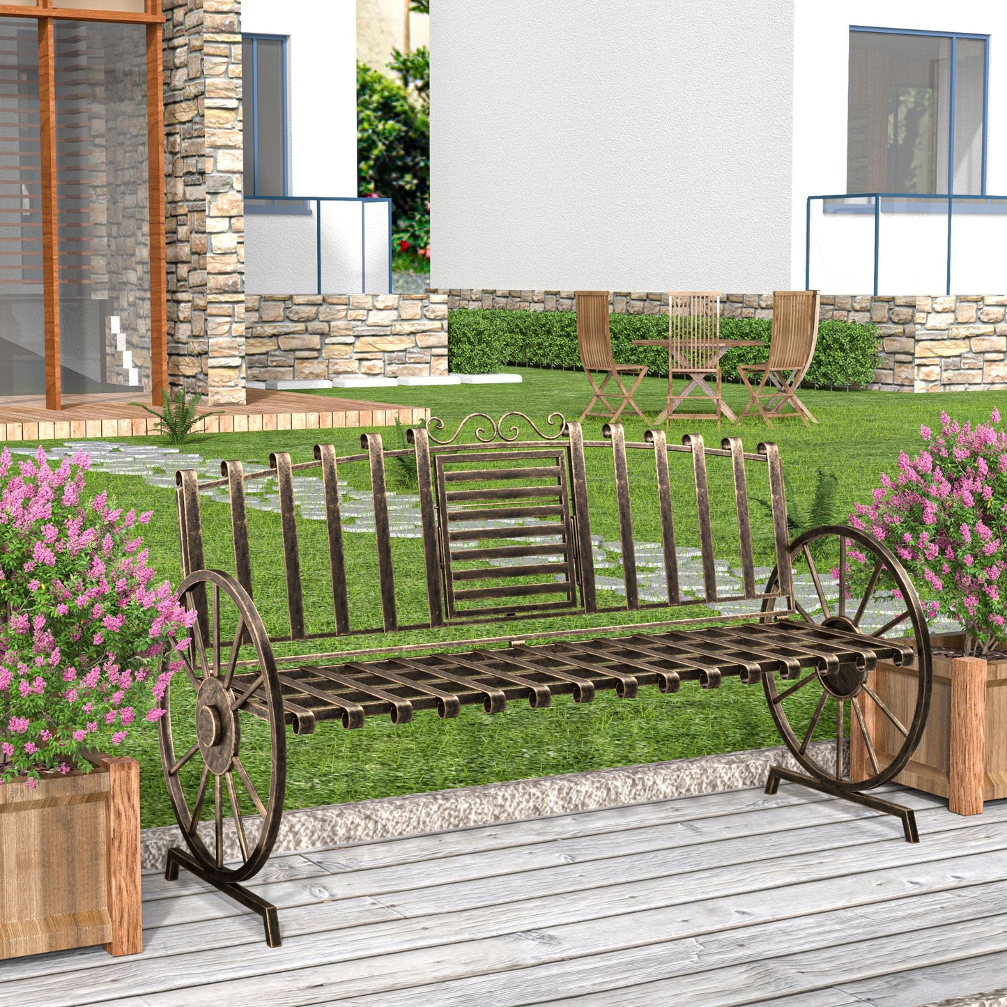 Boweniog Outdoor Bench Patio Outdoor Garden Bench with Built-in Table, Wagon Wheel Arms, 3 People Outdoor Bench Garden Bench Front Porch Furniture Patio Lawn Yard Park (Bronze)