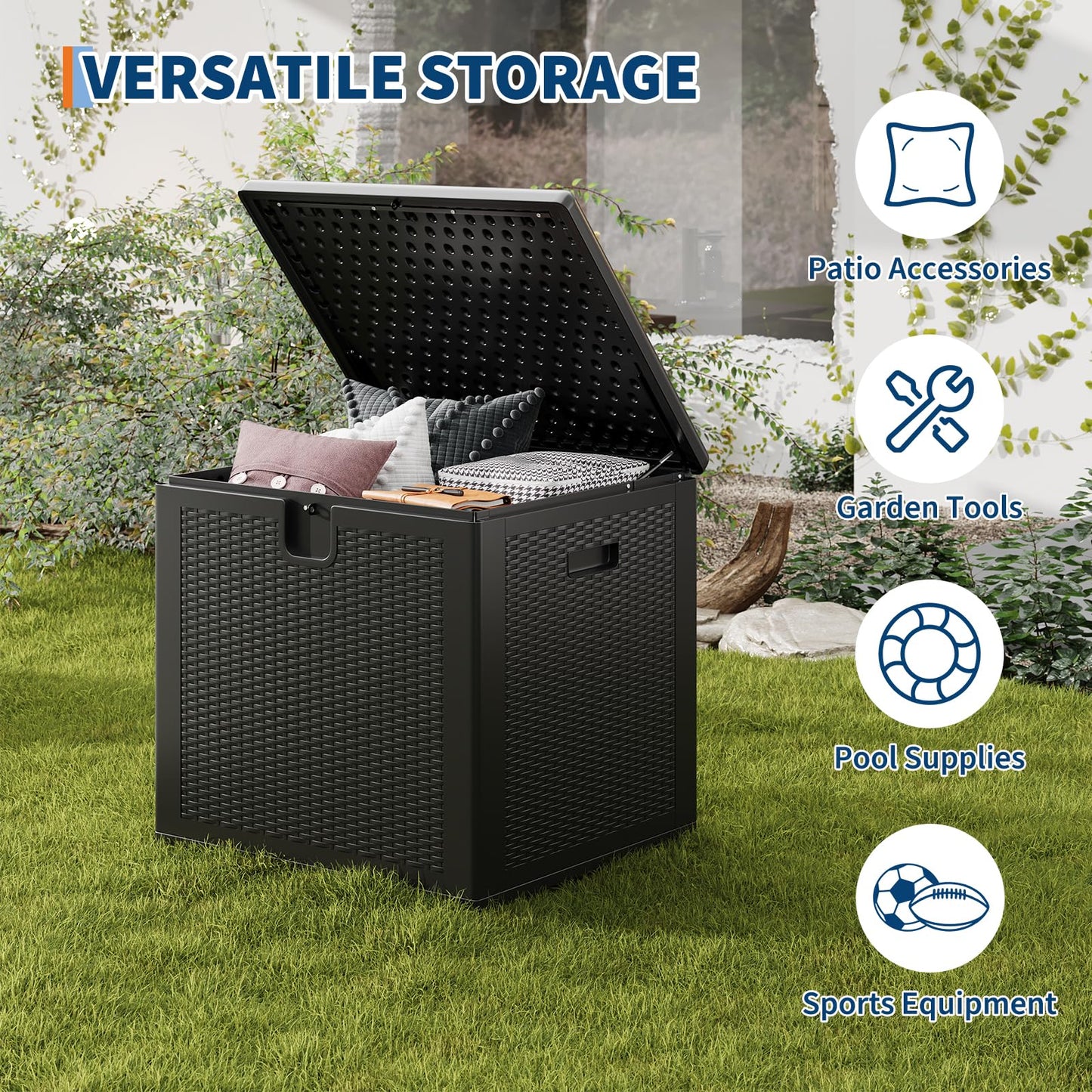 IDEALHOUSE 80 Gallon Resin Deck Box, Waterproof Outdoor Storage Box with Lockable Lid & UV Resistant, Patio Furniture Cushion Storage Container for Garden, Backyard, Poolside (Black)
