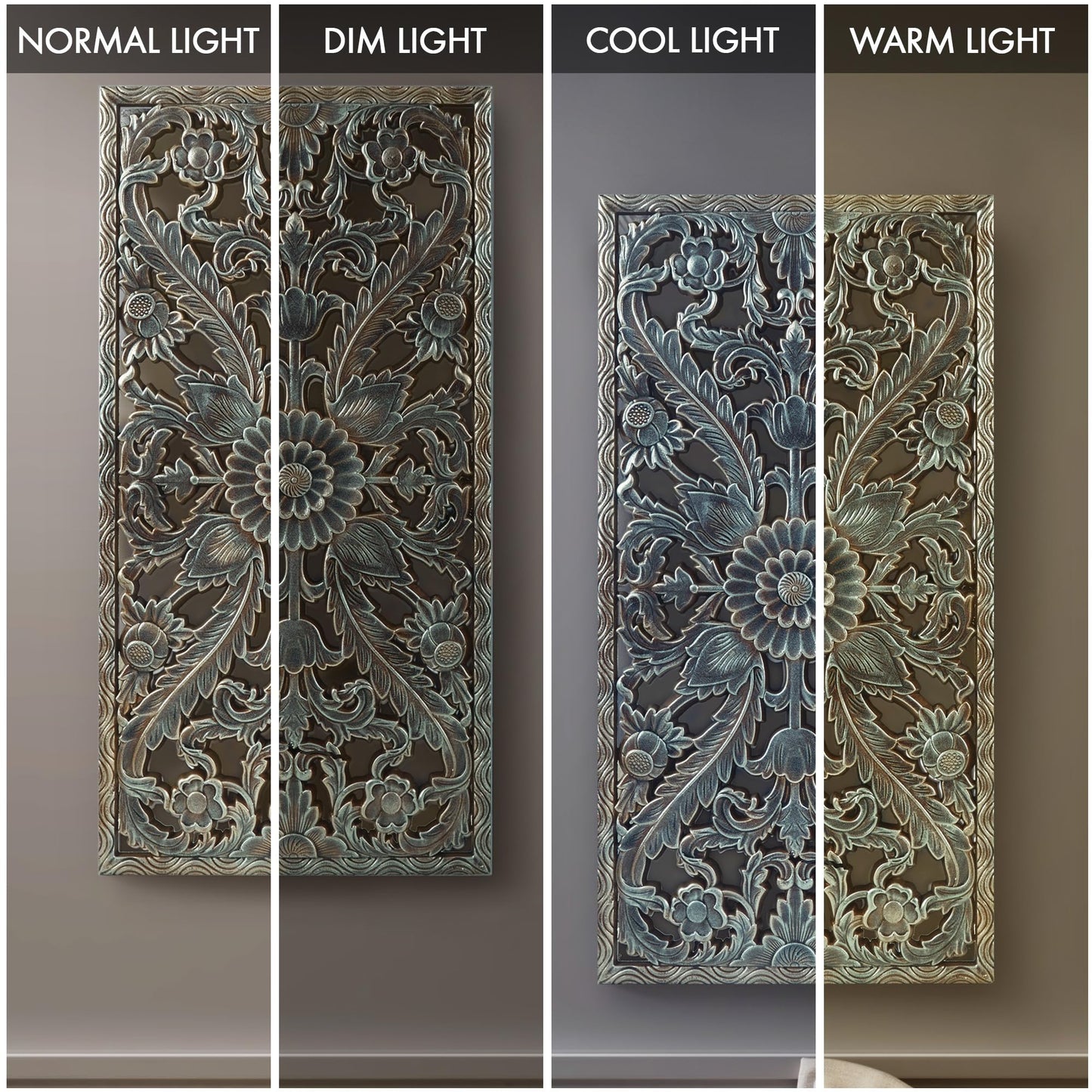Madison Park Wall Art Living Room Décor - Floral Antiqued Wooden Carving Wall Decor Panel, Copper Embellished, Ready to Hang Wall Decor for Bedroom, 15.75"W x 31.5"L x 0.59"D, Patina Blue, 2 Piece