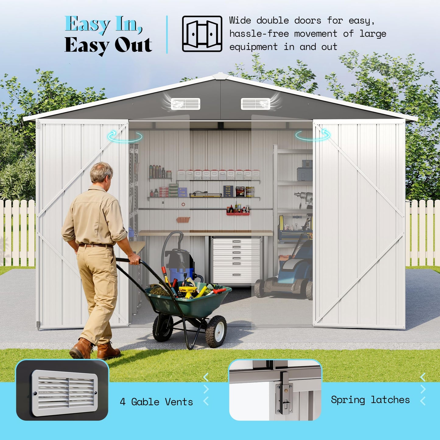 AMERLIFE 10x12x6.6 FT Metal Storage Shed, Outdoor Tool Shed with 2 DIY Windows, Hinged Double Doors and Vents, Reinforced Steel Frame for Backyard, Garden, DIY Workshop, Dark Grey