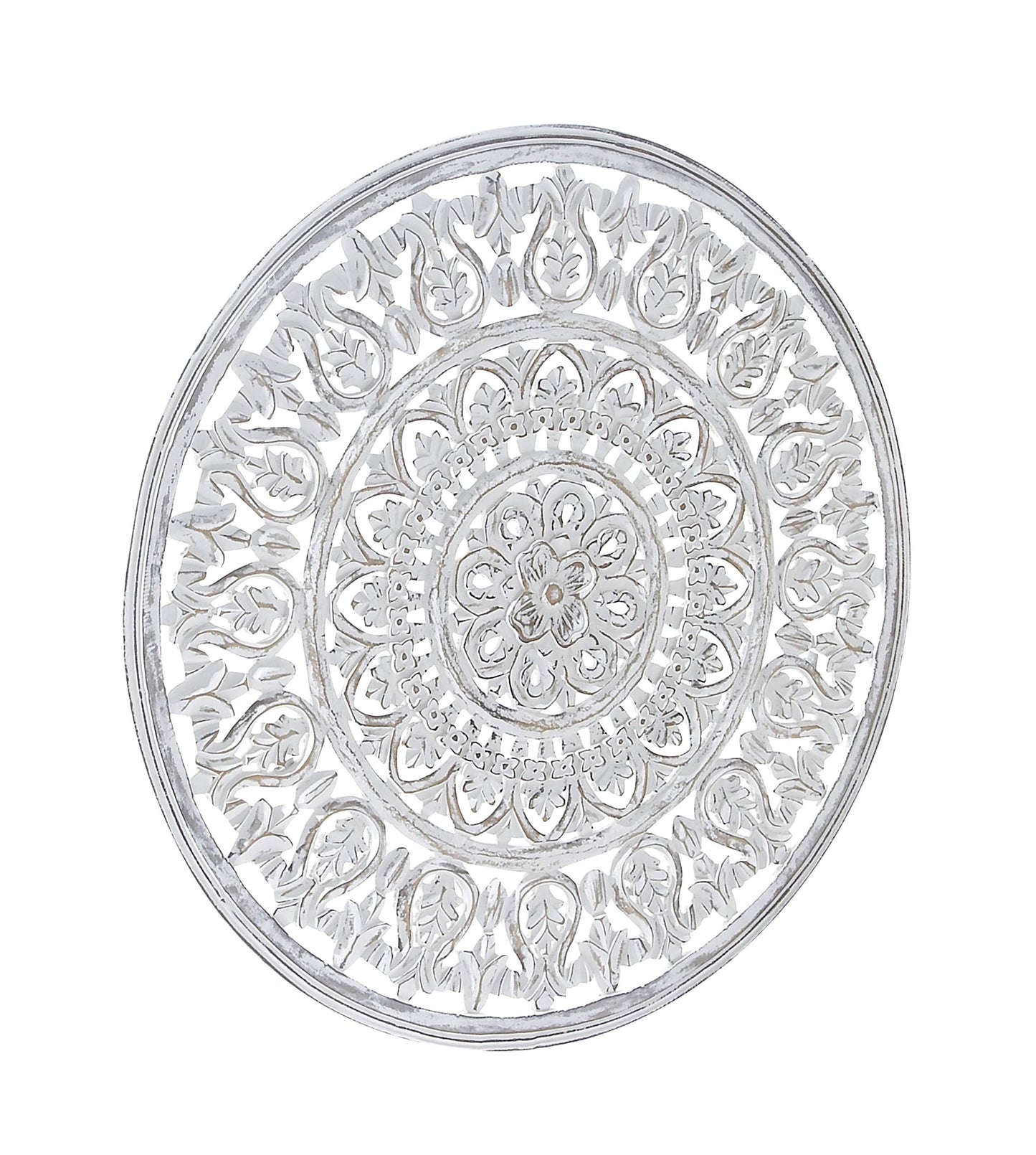 Deco 79 Wood Floral Handmade Intricately Carved Round Mandala Wall Decor, 36" x 1" x 36", White