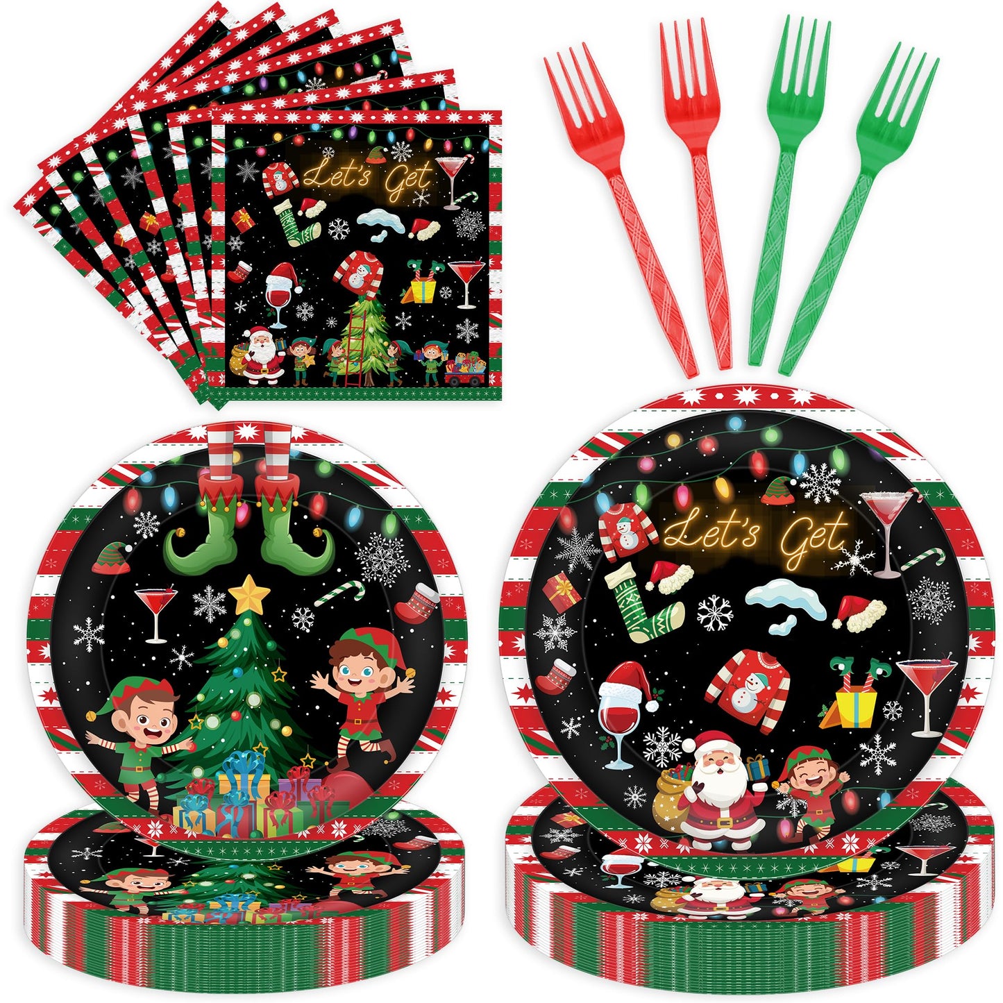 96 Pcs Lets Get Elfed Up Christmas Party Decorations, Festive Elf Santa Plates Napkins Forks for 24 Guests, Funny Holiday Tableware Set Party Supplies