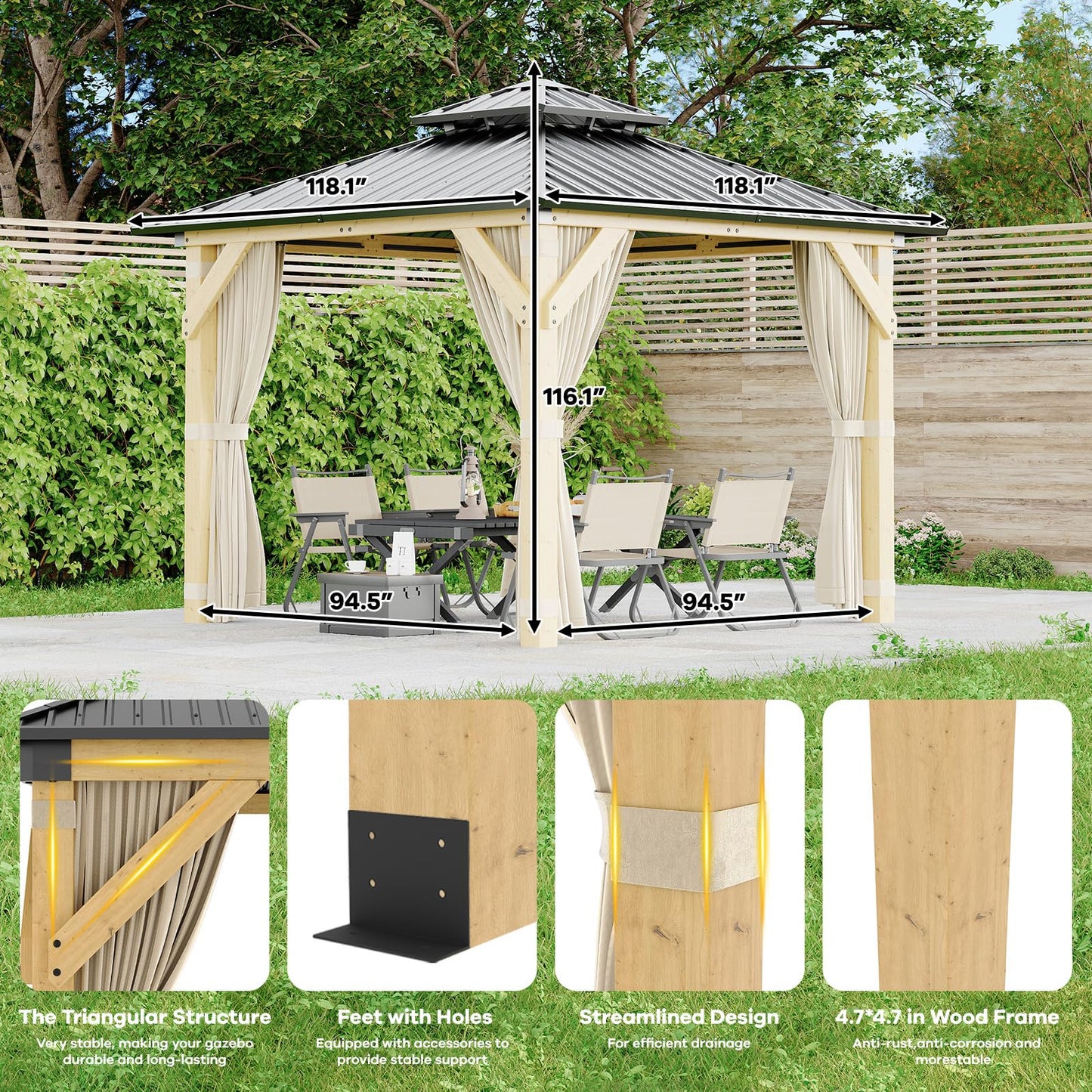 Garvee 10x10 Ft Wood Gazebo, Upgrade Spruce Frame and Double Galvanized Steel Roof, Hardtop Gazebo with Nettings and Curtains for Backyard, Patio, Garden and Lawn, Khaki
