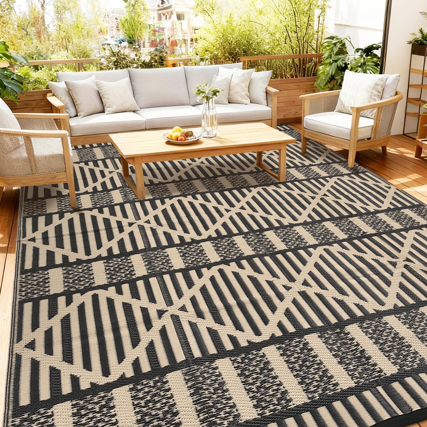 IDEALHOUSE 9x18 Ft Outdoor Rug 320GSM PP Woven Double Sided Same Pattern Waterproof Geometric Patio Mat for Backyard Deck Porch Camping Picnic Beach, Black Coffee