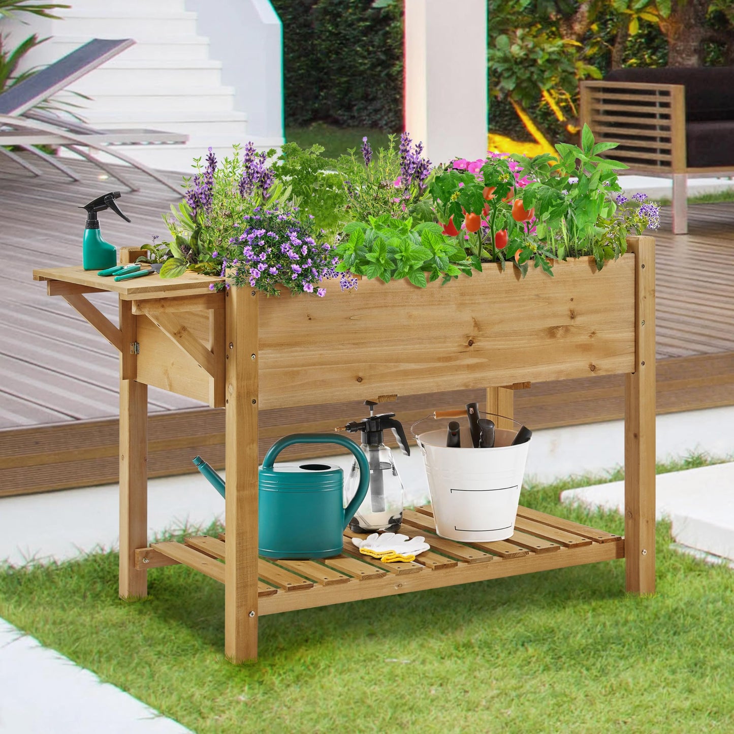 Yaheetech 49x22x32in 8 Pockets Horticulture Raised Garden Bed Elevated Wood Planter Box Stand with Foldable Side Table and Storage Shelf for Herb/Vegetables/Flowers, Light Brown