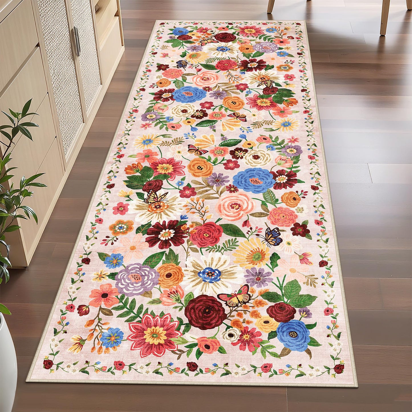 Runner Rug 2x6, Kitchen Rug Non Slip Washable Rugs with Rubber Backing Soft Floral Carpet Runner for Hallways, Kitchen, Laundry, Bedroom, Bathroom (2 x 6, Beige)