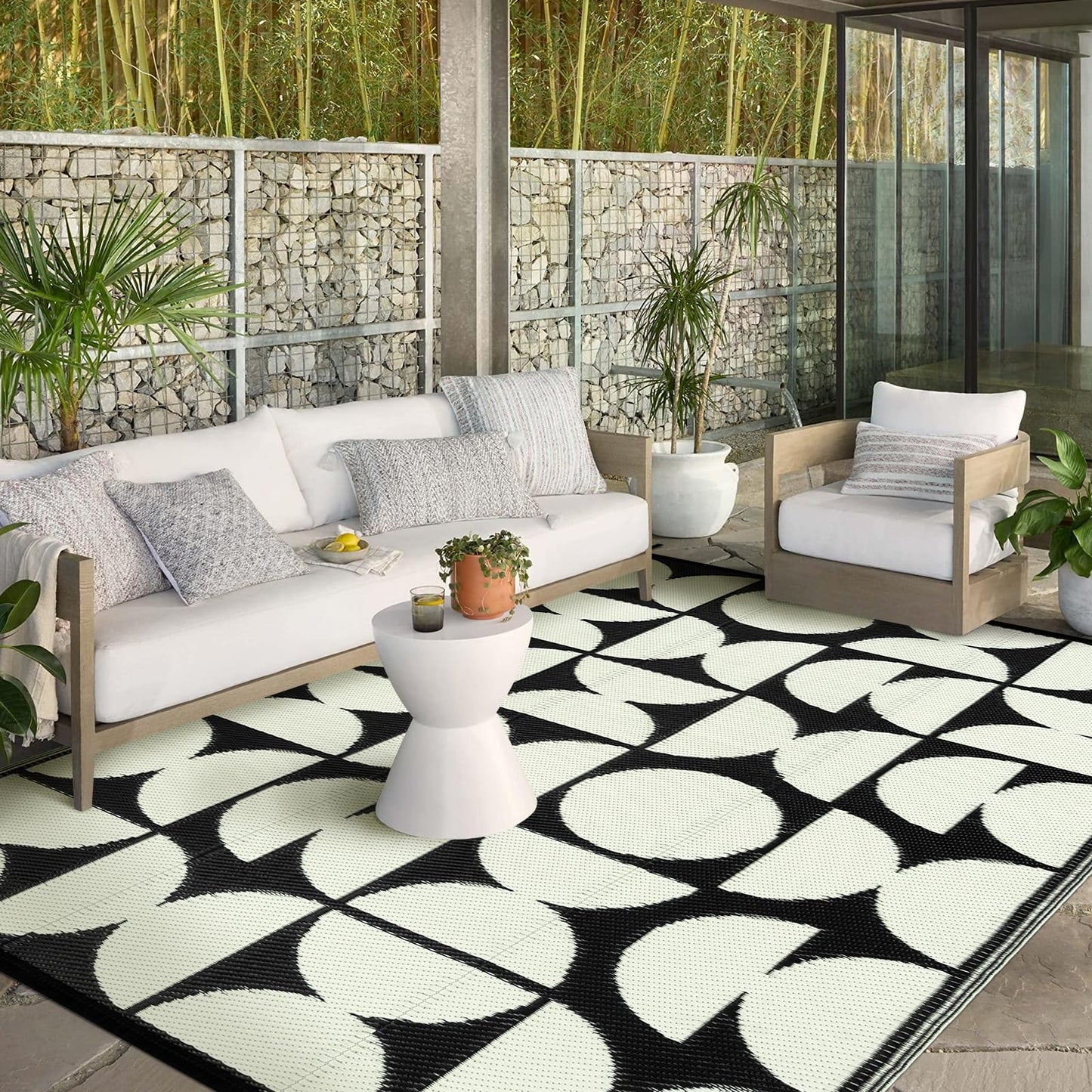 Wonnitar 8x10 Outdoor Rug, Large Waterproof Reversible Outdoor Patio Area Rug, Indoor/Outdoor Plastic Straw Portable Camping Rug for Outside RV Balcony Garden Deck (Black & White,8'x10')