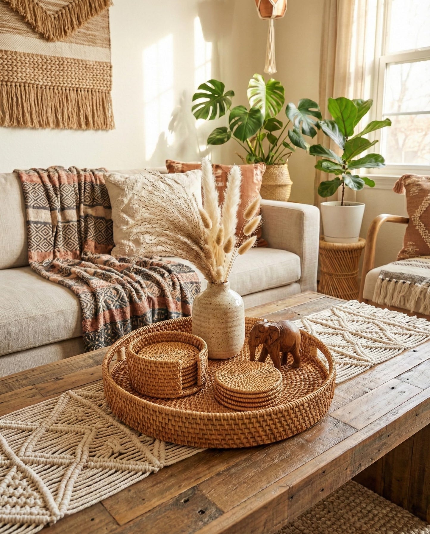 LXZNRQU Round Rattan Serving Tray & 6 Coasters Set with Holder - 11.8" Handwoven Natural Wicker Ottoman Tray with Handles - Decorative Boho Farmhouse Coffee Table Tray for Living Room Home Décor