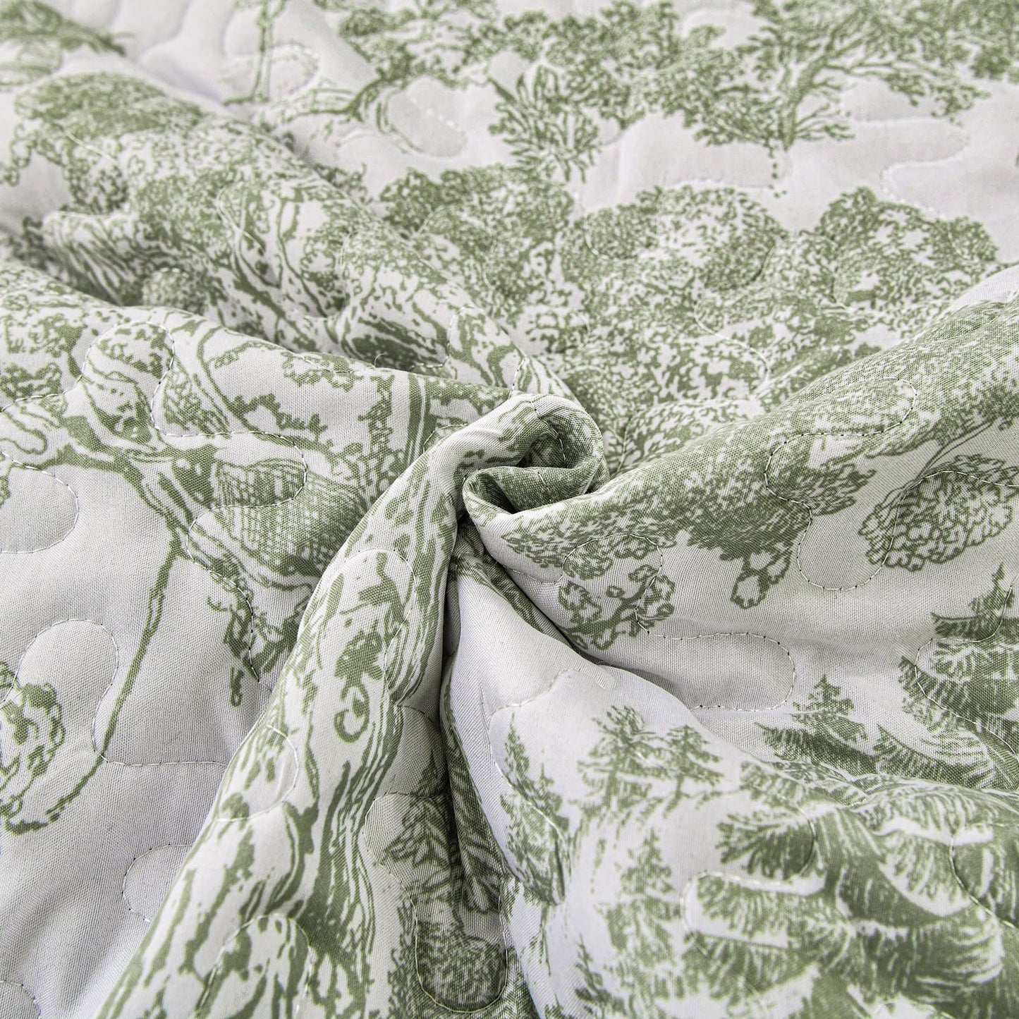 WONGS BEDDING Botanical Quilt Set Queen Size, Sage Green 3 Pieces Toile Floral Plants Printed Bedspread Bedding Set Soft Lightweight Microfiber Coverlet Set for All Season (96"x90")