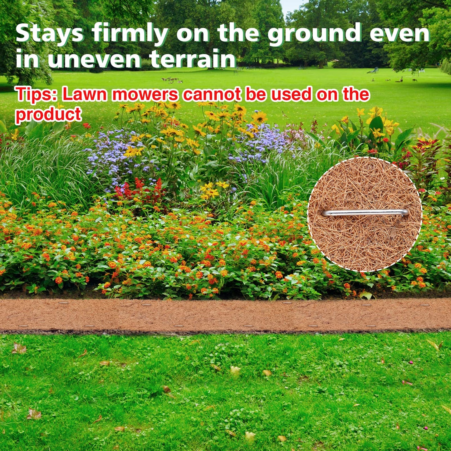 Natural Mulch Roll for Landscaping- 120" x 6.3" Weed Barrier Coconut Fiber Mat with 16 U-Shaped Steel Stakes, Thick Garden Border Edging for Plants, Flowers, Lawns, Vegetables
