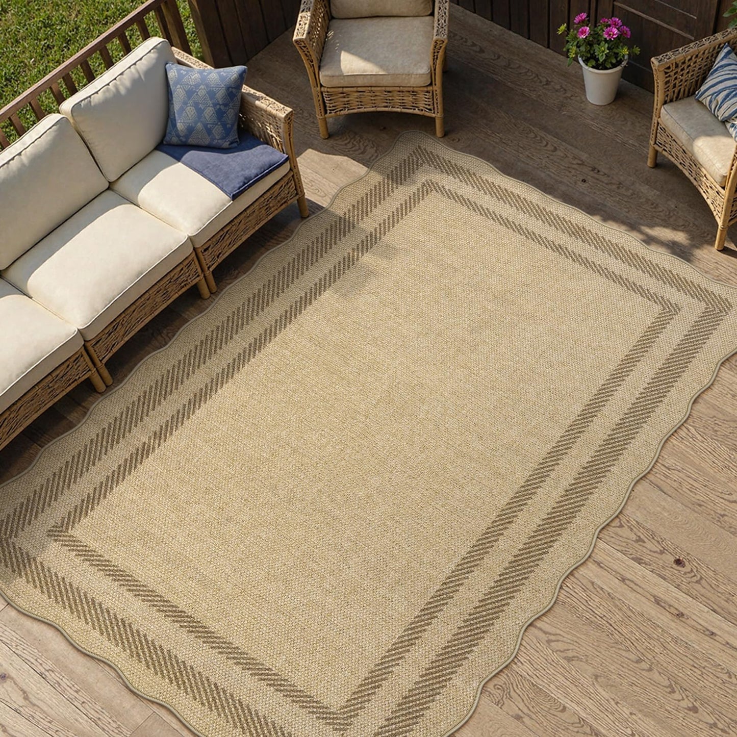 LIVEBOX Scalloped Easy Jute 3x5 Outdoor Rug, Washable Non-Slip Geometric Tan Rugs for Entryway, Indoor Outdoor Farmhouse Rug Modern Carpet Door Mat Area Rug for Patio Bedroom Living Room Kitchen Porch