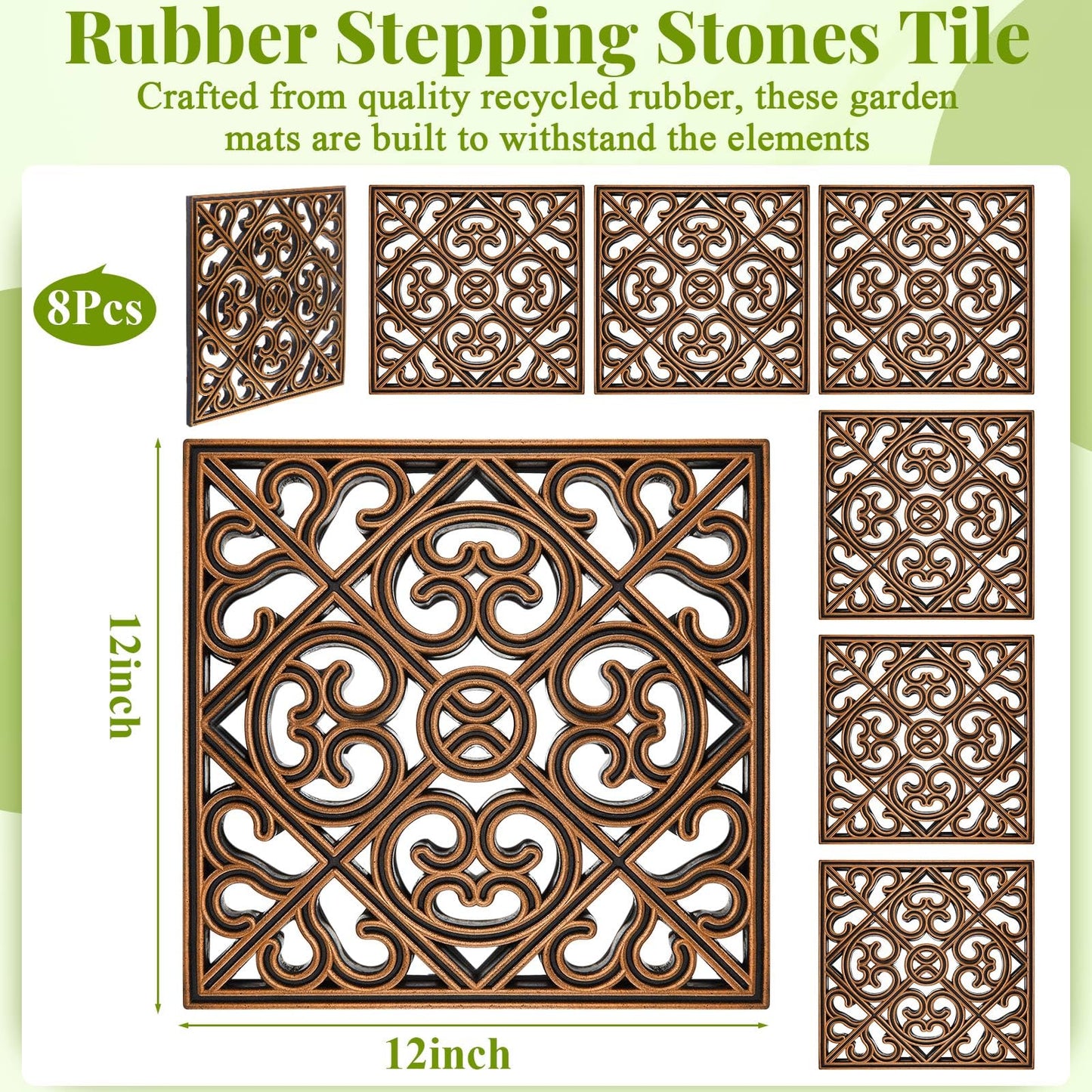 Pangda 8 Pcs Rubber Stepping Stones Outdoor Garden Walkway, 12 x 12 Inch Heavy Duty Pathway Pavers Retro Decorative Stepping Stones for Outside Landscaping Yard Lawn Path(Copper,Cross Square)